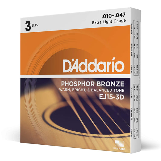 DAddario Acoustic Guitar Strings, Phosphor Bronze, EJ15-3D, Extra Light Gauge 10-47, 6-String Set, Pack of 3
