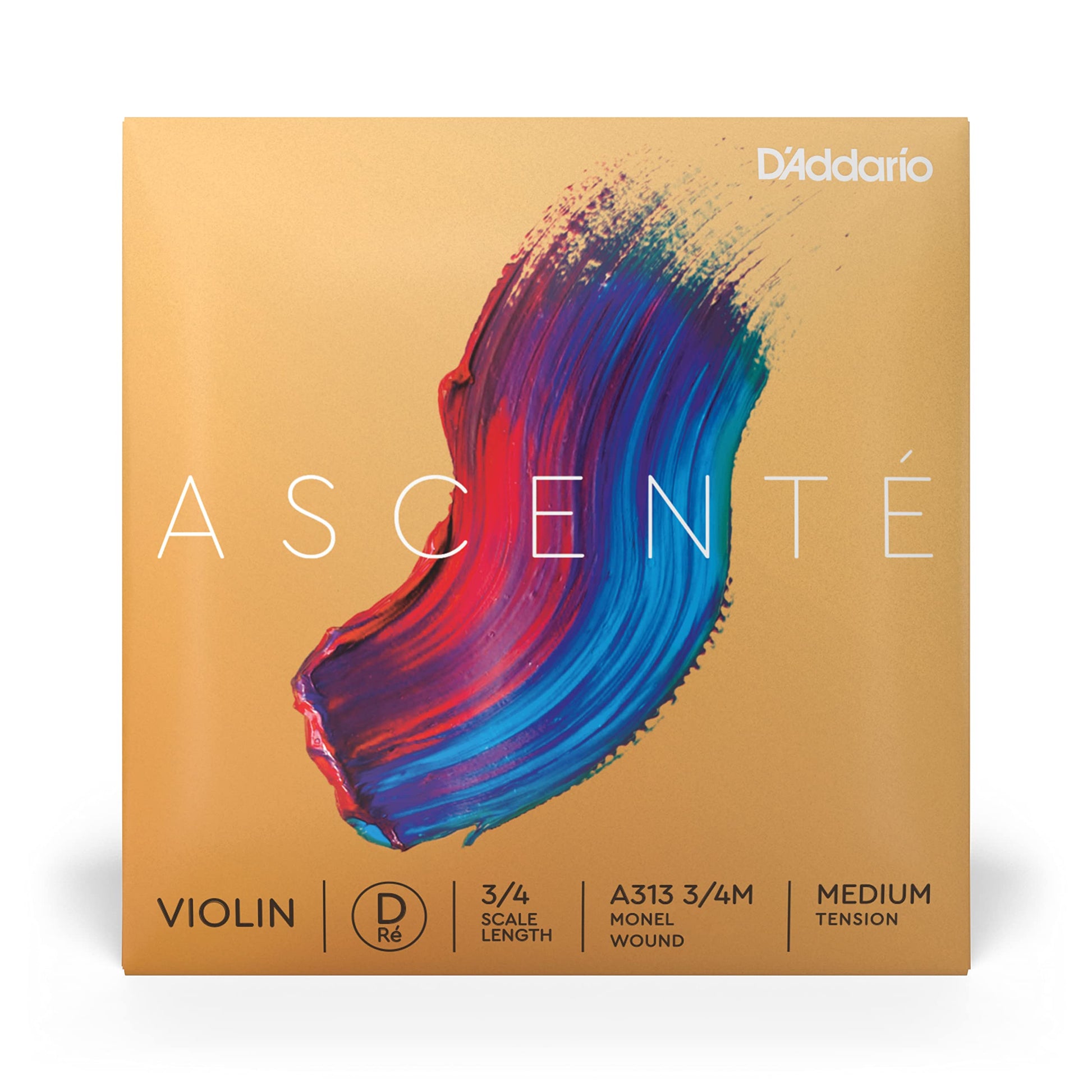 DAddario Ascente Violin Strings - Violin Strings with Ball Ends, Synthetic Core - A313 3/4M - D String - 3/4 Scale - Medium Ten