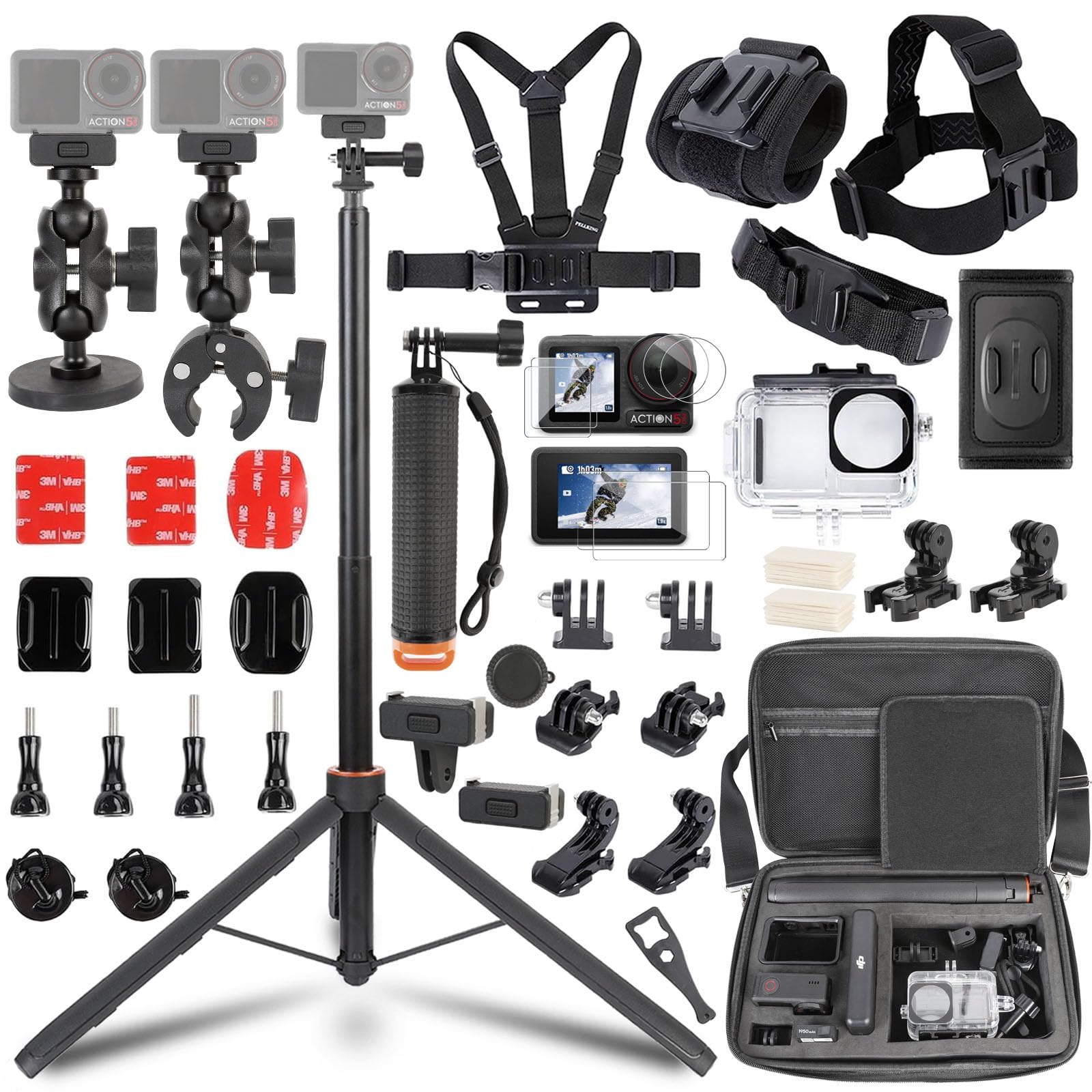 PellKing Accessories Kit for DJI Osmo Action 5pro/4/3,Carrying Case with Belt 135cm Selfie Stick Tripod Waterproof Housing Float