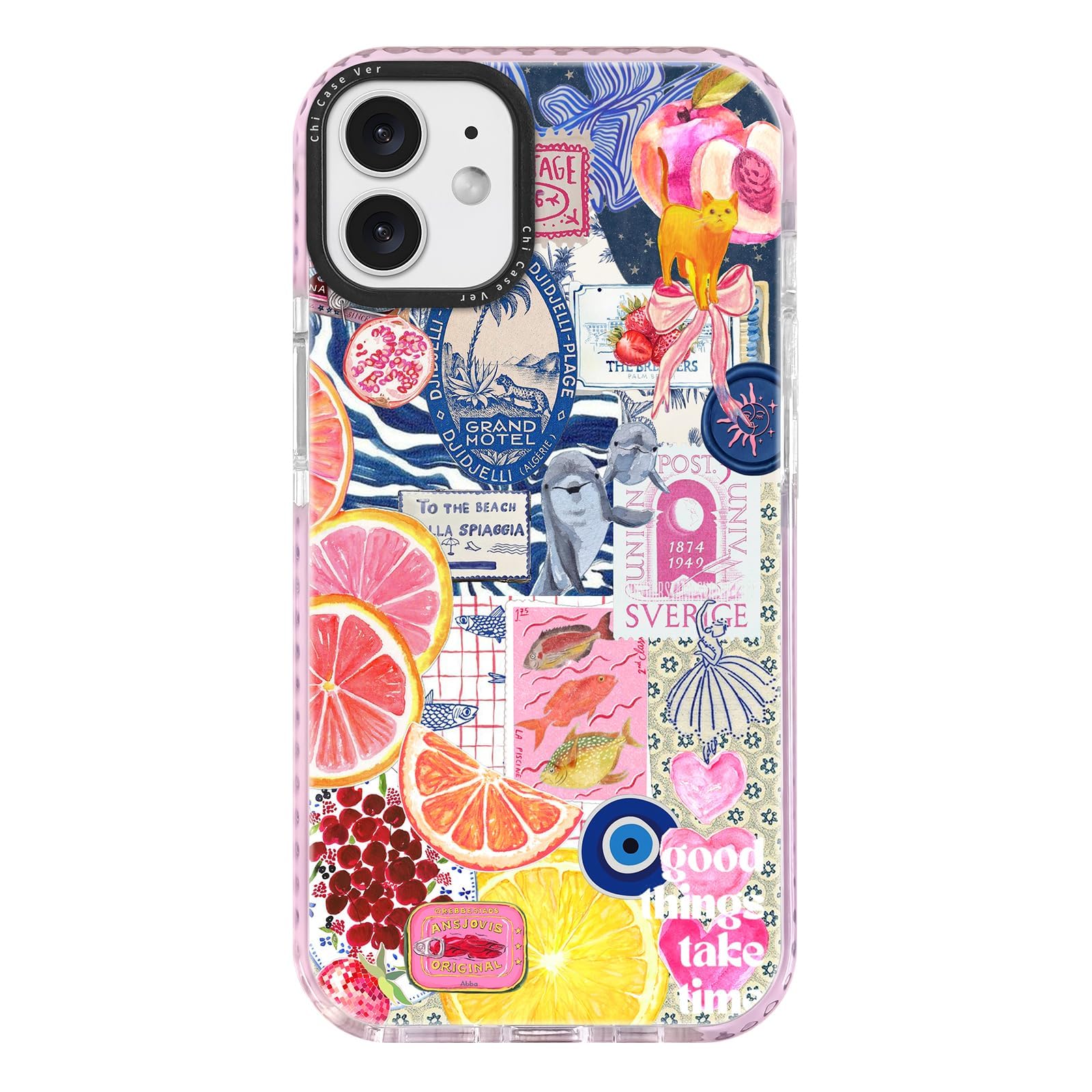 ChiCaseVer for iPhone 12 Case,Expressive Y2K Citrus Coastal Sea Vintage Collage Design Blue Art Trendy Pattern Aesthetic Style,M