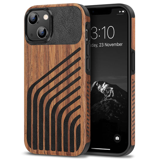 TENDLIN Compatible with iPhone 14 Plus Case Wood Grain with Carbon Fiber Texture Design Leather Hybrid Slim Case (Hairline)