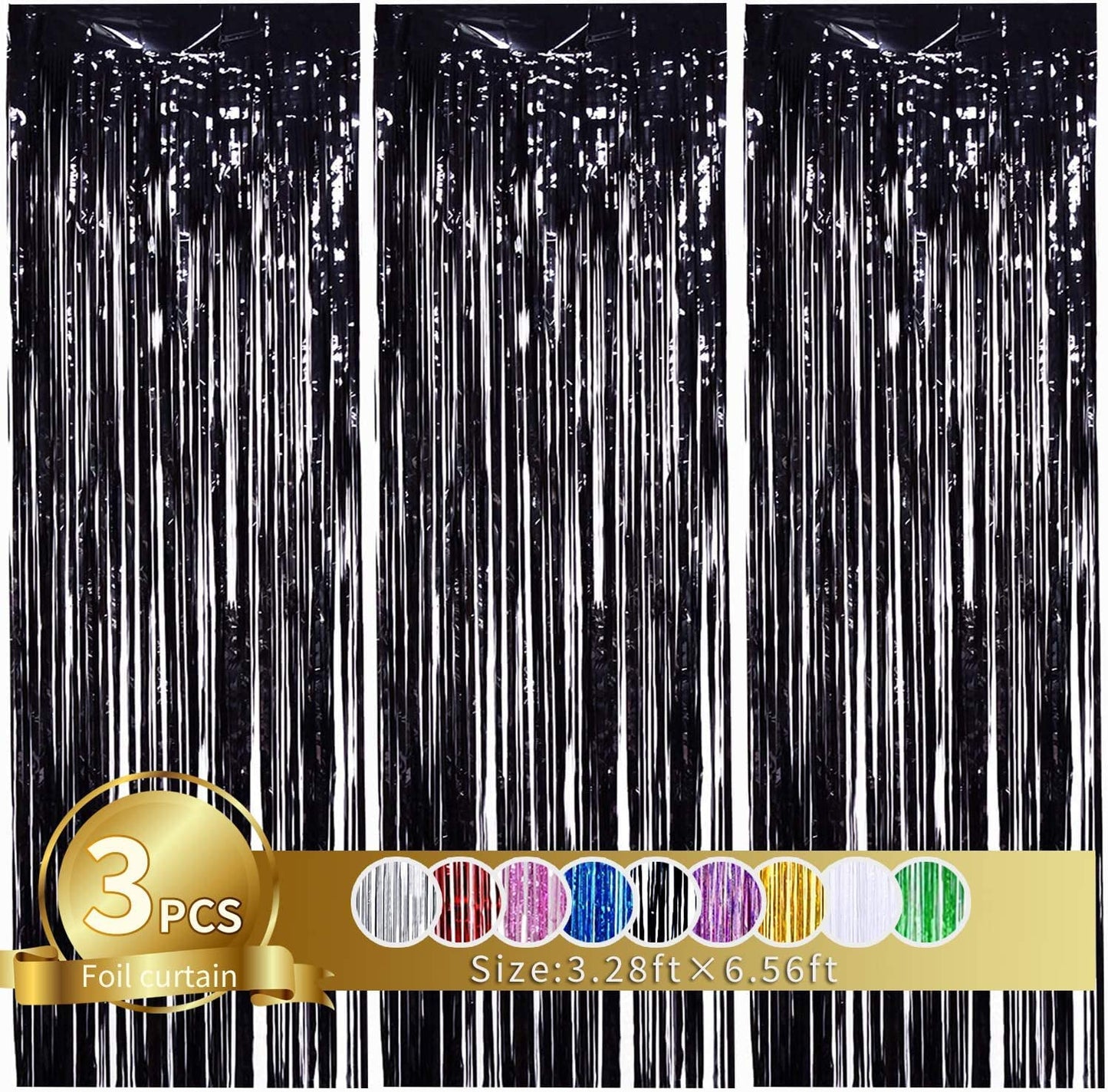TONIFUL 3Pcs Black Door Streamers,Photo Booth Backdrop,Metallic Streamers Black Foil Fringe Curtains for Birthday,Christmas,New