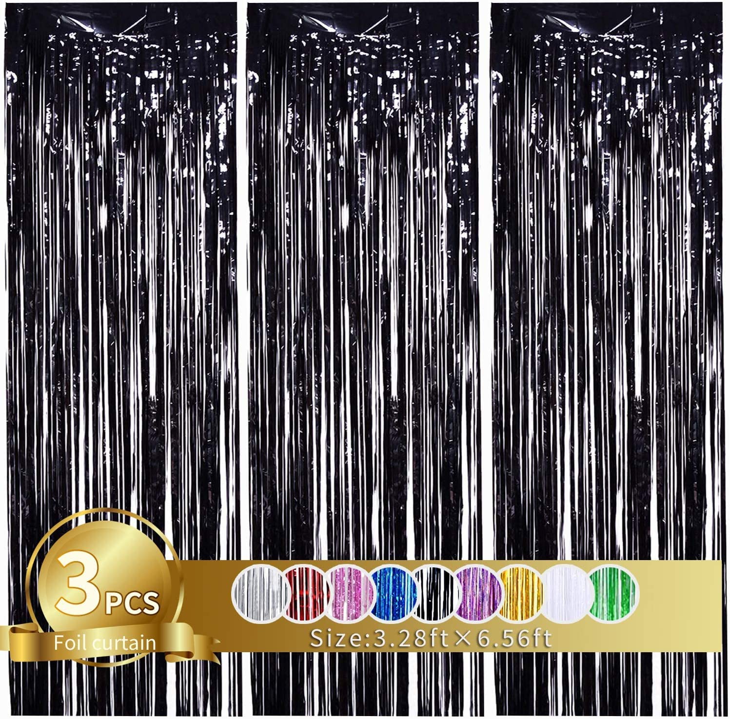 TONIFUL 3Pcs Black Door Streamers,Photo Booth Backdrop,Metallic Streamers Black Foil Fringe Curtains for Birthday,Christmas,New