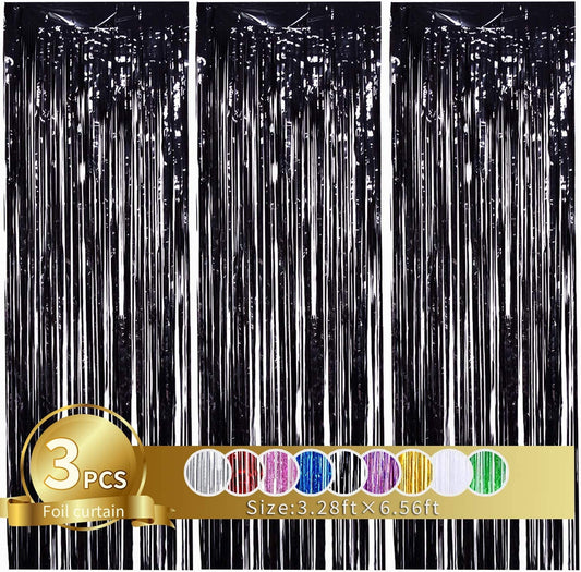 TONIFUL 3Pcs Black Door Streamers,Photo Booth Backdrop,Metallic Streamers Black Foil Fringe Curtains for Birthday,Christmas,New