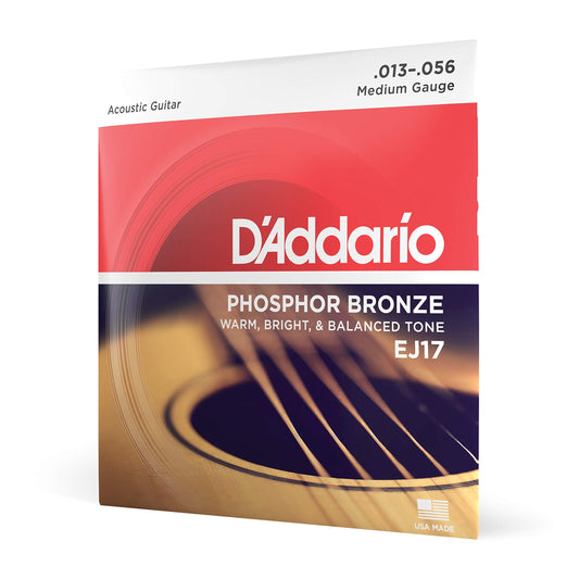 DAddario Acoustic Guitar Strings, Phosphor Bronze, EJ17, Medium Gauge 13-56, 6-String Set, Pack of 1