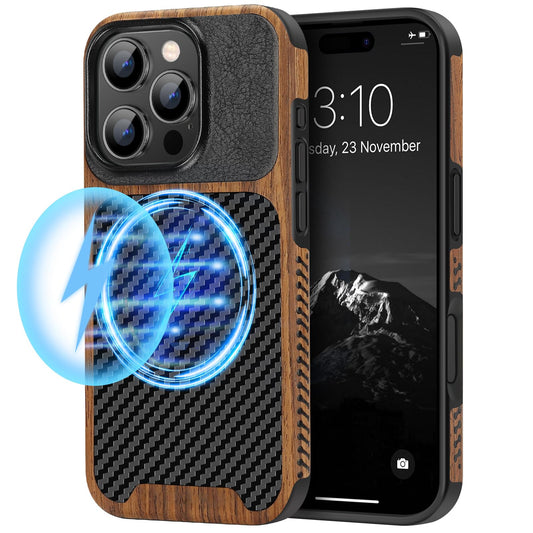 TENDLIN Magnetic Case Compatible with iPhone 16 Pro Max Phone Case Wood Grain with Carbon Fiber Texture Design Leather Hybrid Sl
