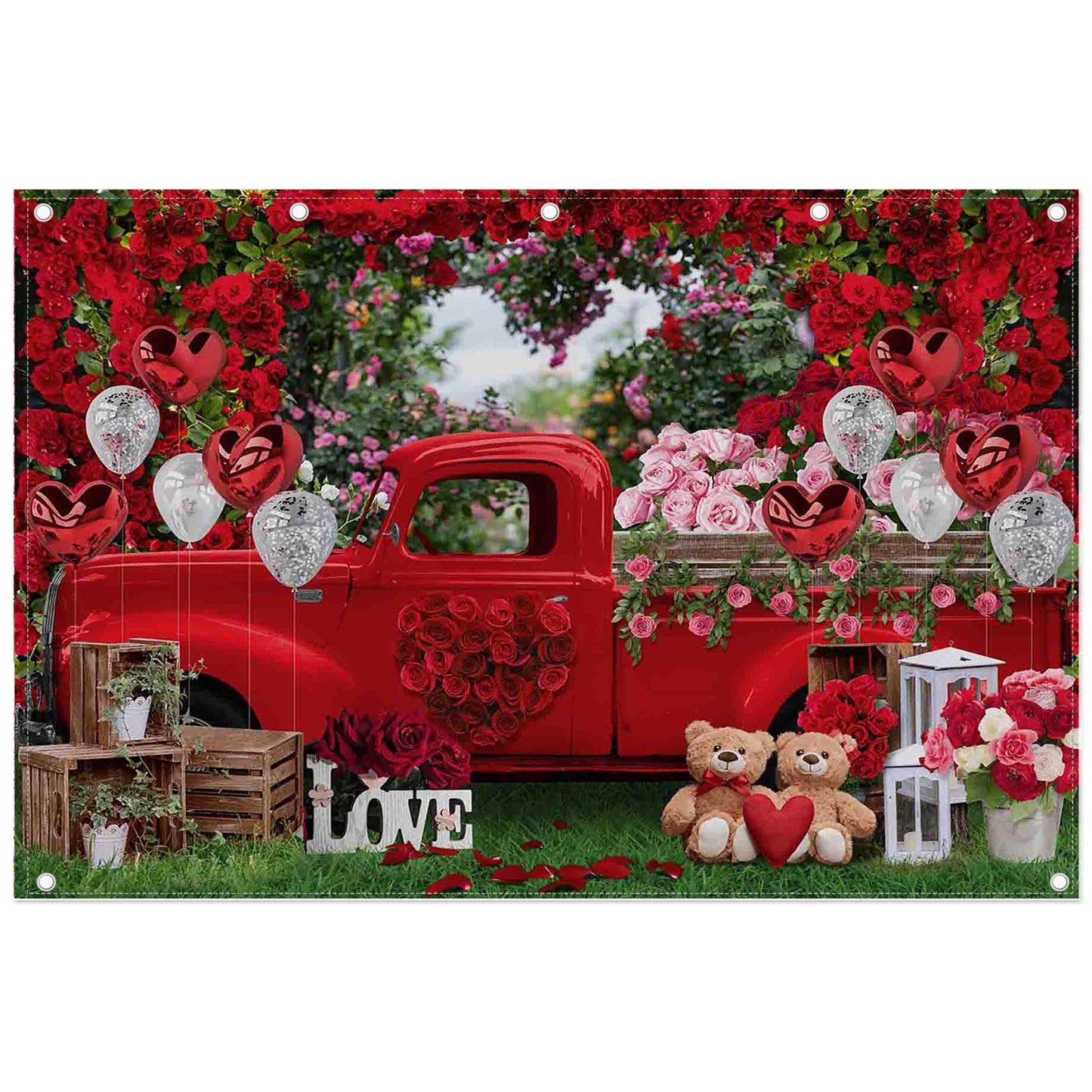 ZTHMOE 12x8ft Polyester Valentines Day Red Truck Backdrop Rose Garden Heart Love Balloons Photography Background Romantic Gift