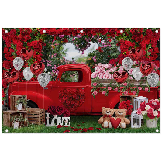 ZTHMOE 12x8ft Polyester Valentines Day Red Truck Backdrop Rose Garden Heart Love Balloons Photography Background Romantic Gift