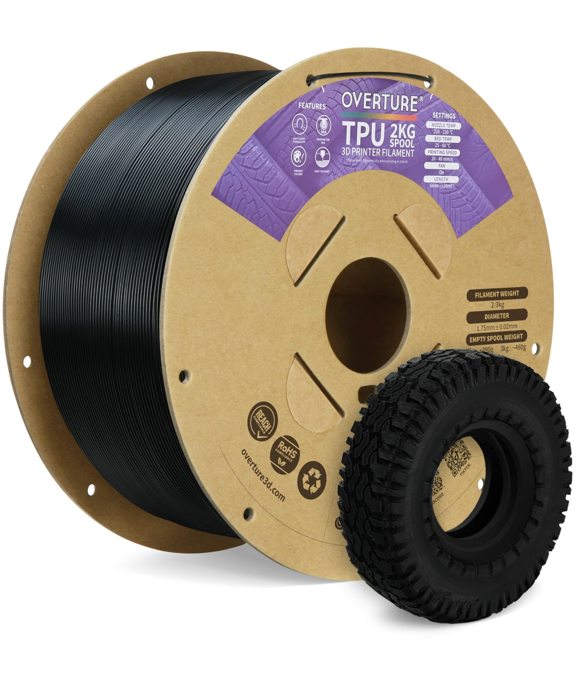 OVERTURE 2kg TPU Filament, 1.75mm Flexible TPU 3D Printer Filament, High Liquidity, Dimensional Accuracy +/- 0.02mm, for 3D Prin