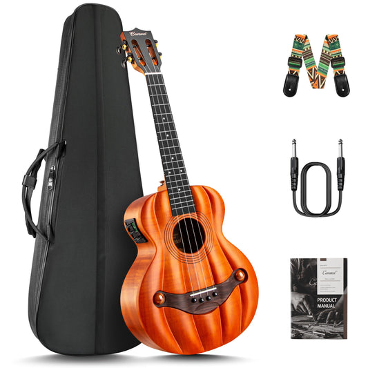 Caramel TEM45 Pumpkin Style Tenor Ukulele - 26 Inch Solid Top Flamed Okoume with EQ, Acoustic Electric Ukulele for Stage Perform