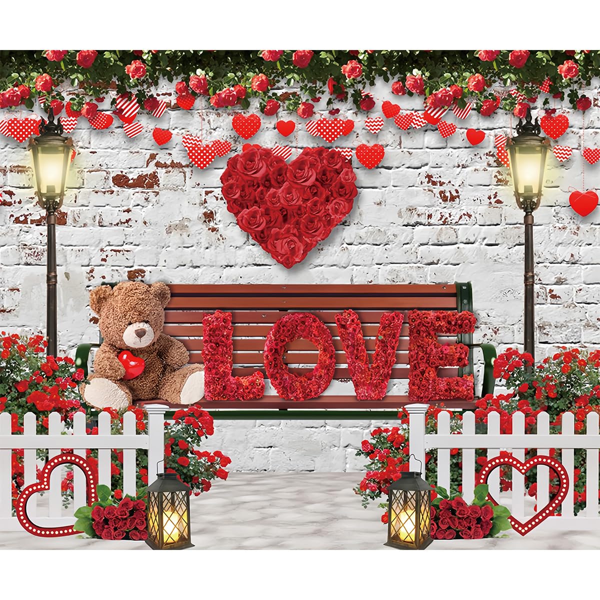 Lsseauto 10x8ft Valentines Day Backdrop, Red Rose Flower, Love Bear and White Brick Wall Backdrop, Valentines Day Theme Photogra