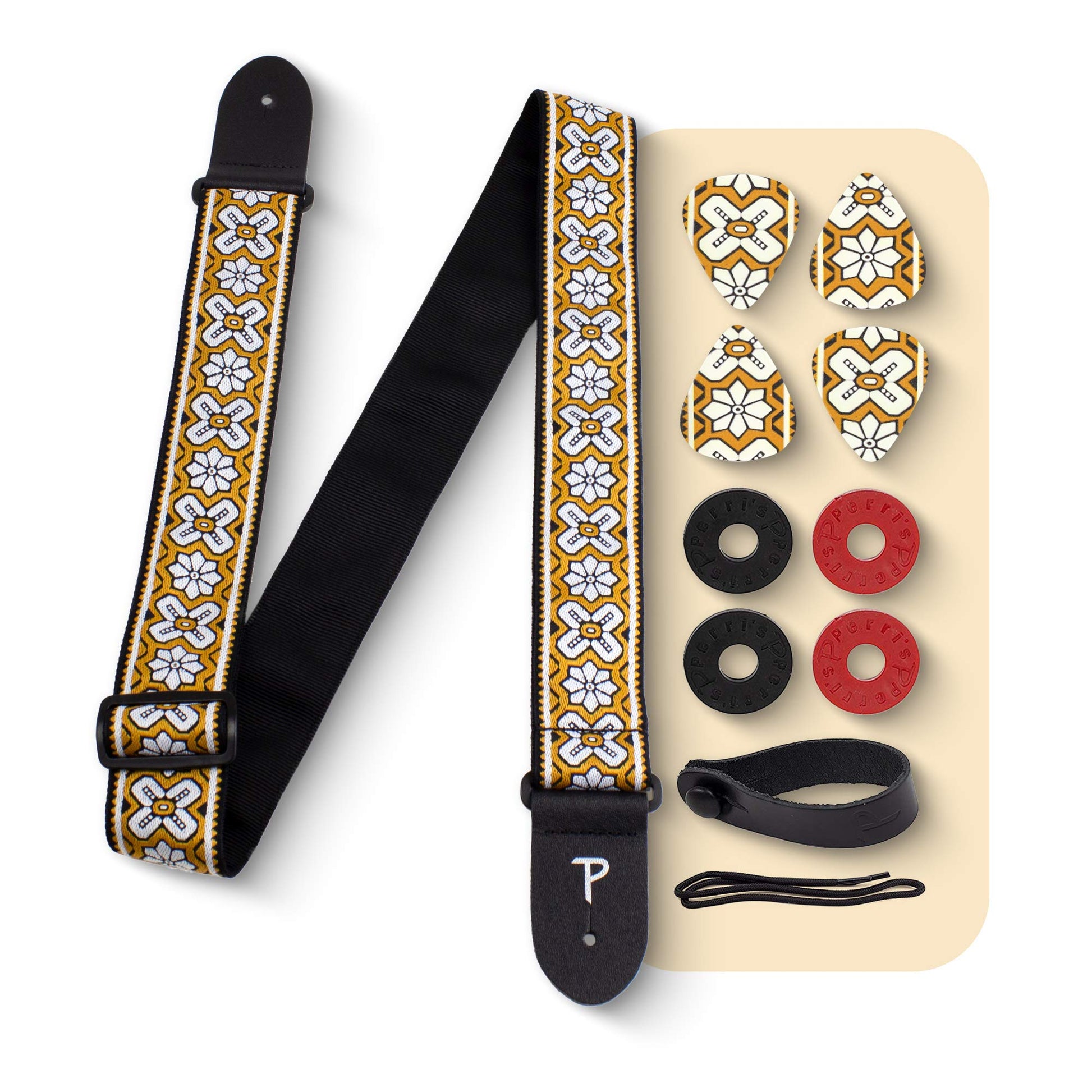Perris Leathers Jacquard Guitar Straps, 39 to 58, Yellow Crossroads Bundle, Adjustable Length, Leather Ends, Non-Slip & Durable,