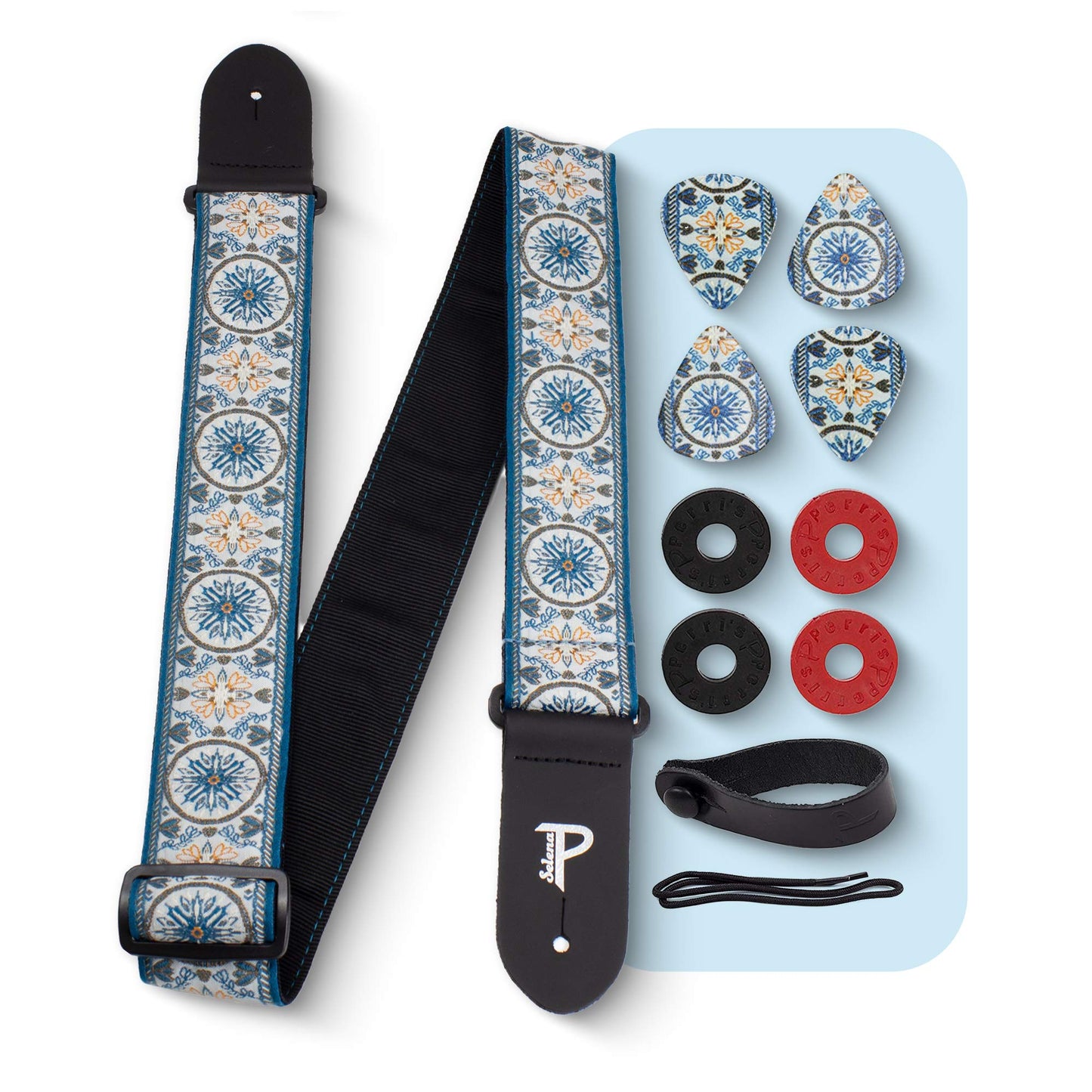 Perris Leathers Jacquard Guitar Straps, 39 to 58, Blue Mandala Bundle, Adjustable Length, Leather Ends, Non-Slip & Durable, Elec