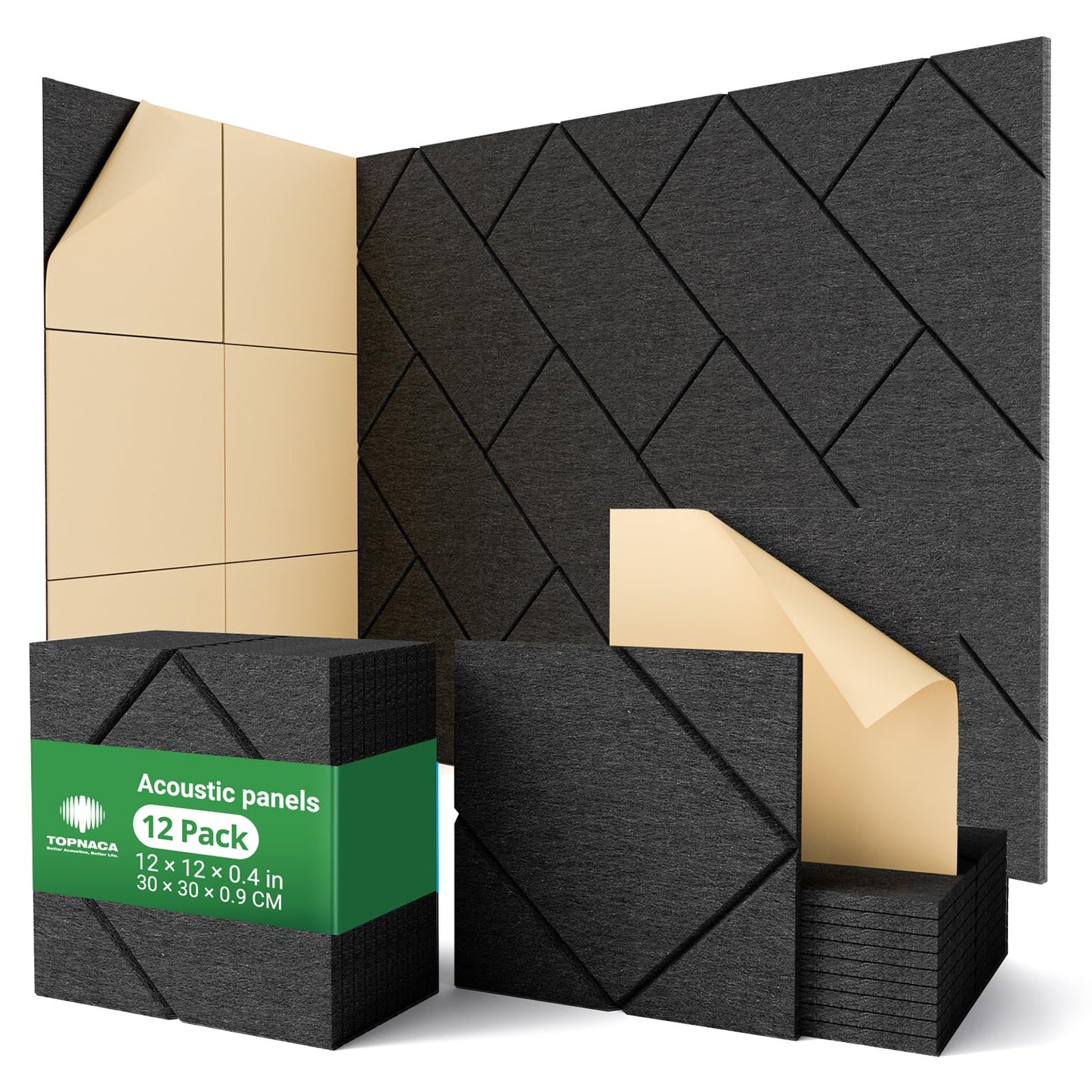 Topnaca Decorative Acoustic Soundproof Walls Panels for Room, 12 Pack Blcak Self Adhesive Sound Absorbing and Noise Reducing Til