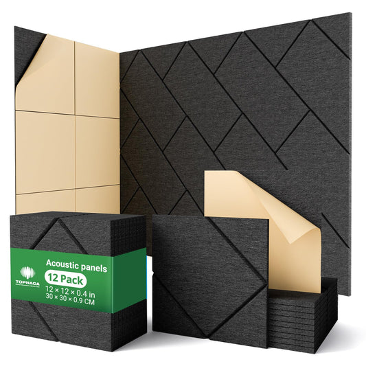 Topnaca Decorative Acoustic Soundproof Walls Panels for Room, 12 Pack Blcak Self Adhesive Sound Absorbing and Noise Reducing Til