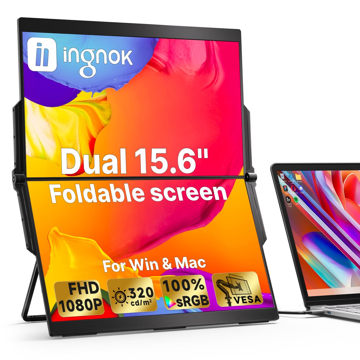 Ingnok 15.6 Dual Monitor, FHD 1080P 100% sRGB Laptop Screen Extender for Windows Mac, with 4 Speakers, 2 HDMI USB C Ports, for O