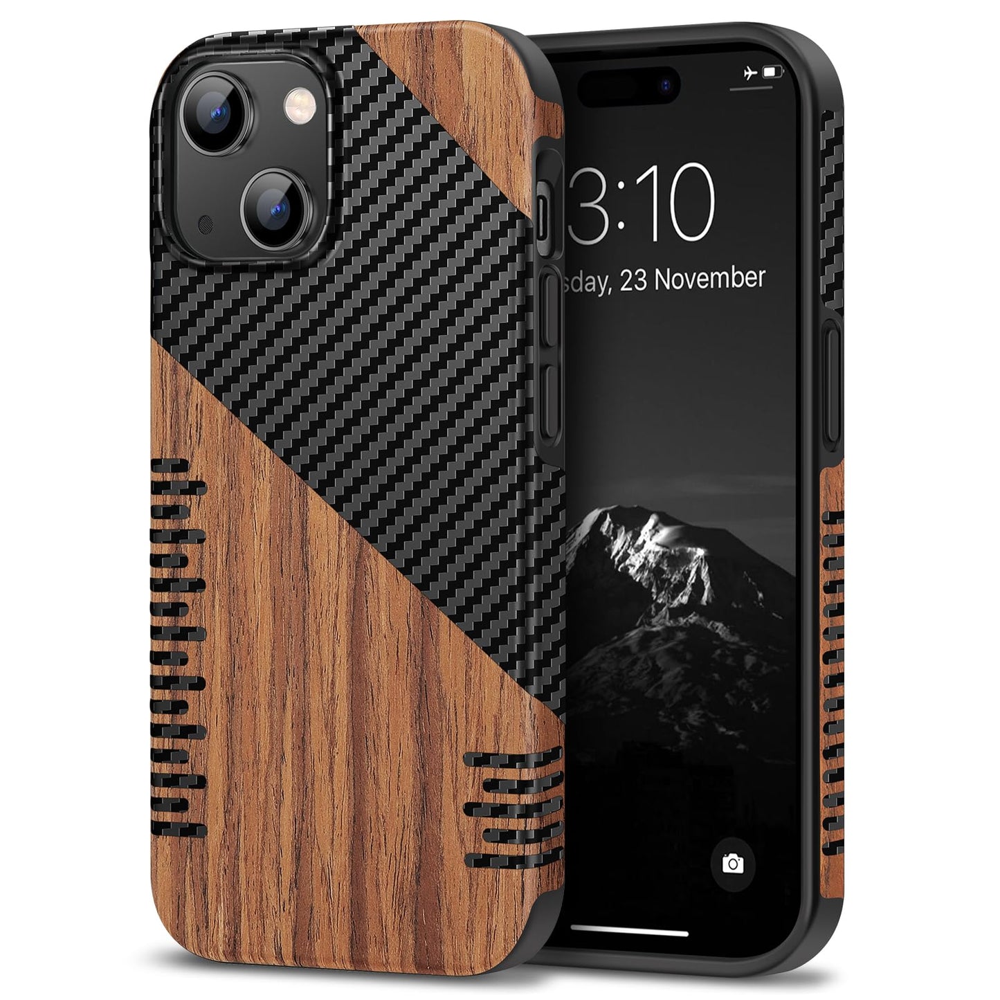 TENDLIN Compatible with iPhone 15 Case Wood Grain with Carbon Fiber Texture Design Leather Hybrid Slim Case (Twill)