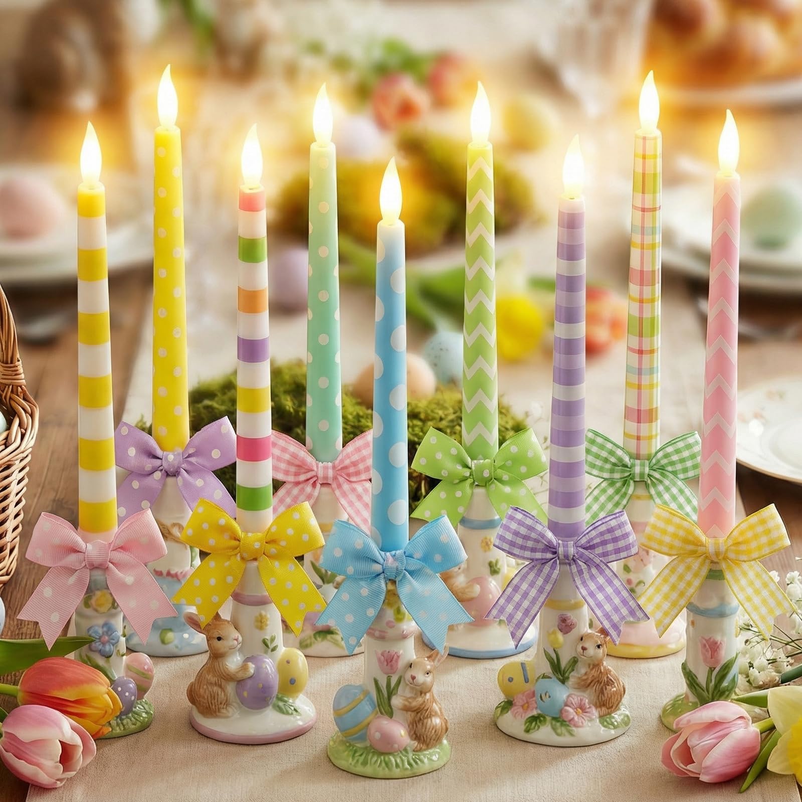 Lounsweer 10 Pcs Easter Taper Candles LED Candles Spring Bunny Flickering Flameless Striped Candlestick for Home Spring Garden P