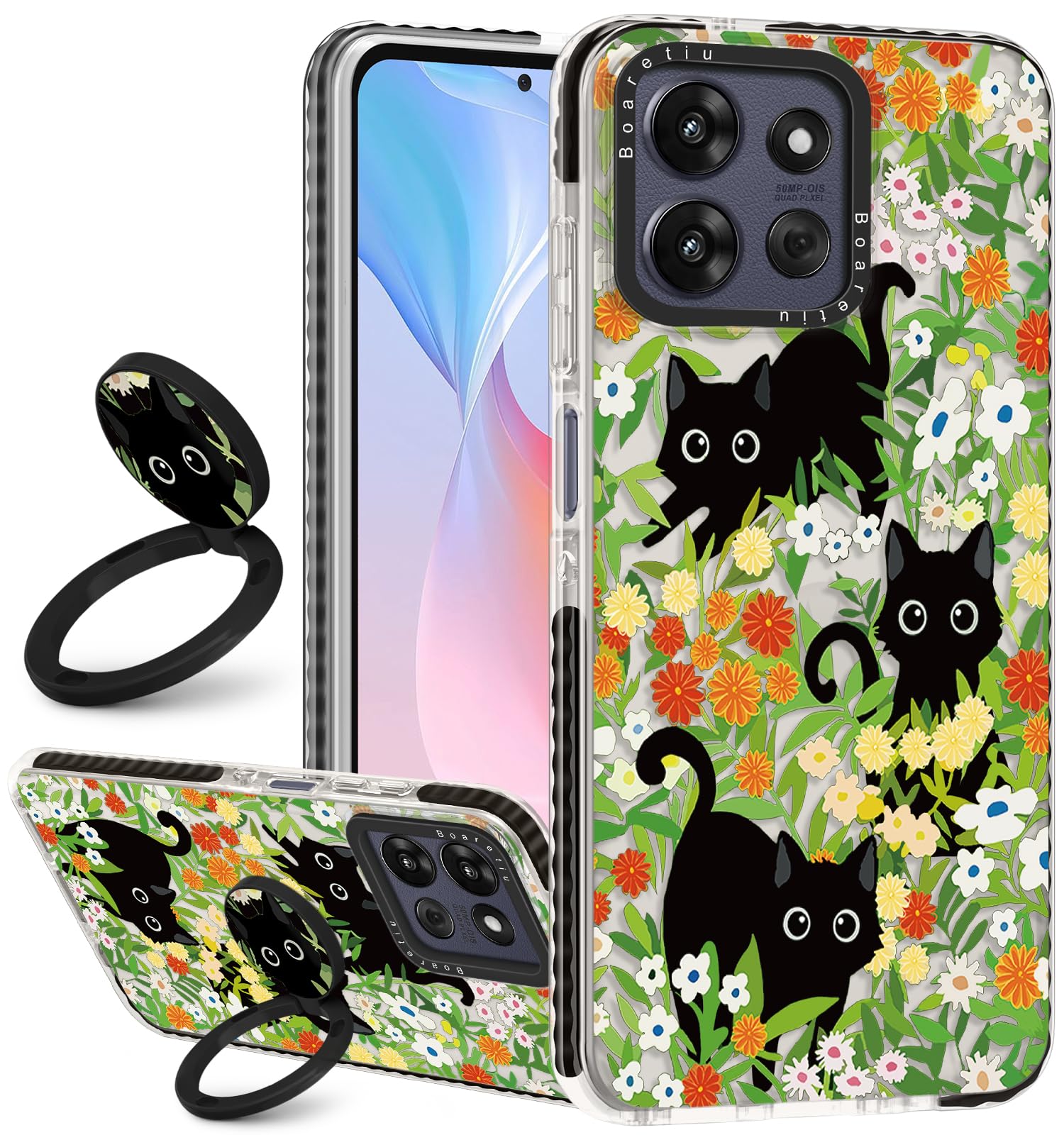 Boaretiu for Motorola Moto G Power/Play 2025 Case - with Stand Cute Kawaii Fashion 360 Rotate Ring Holder Kickstand Cat Flower f