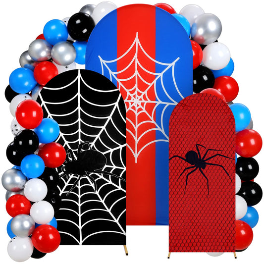 Foilswirl 34 Pcs Spider Birthday Party Decorations 3 Spider Web Arch Backdrop Covers (4/5/6ft) Web Spandex Arch Cover with 30 Re