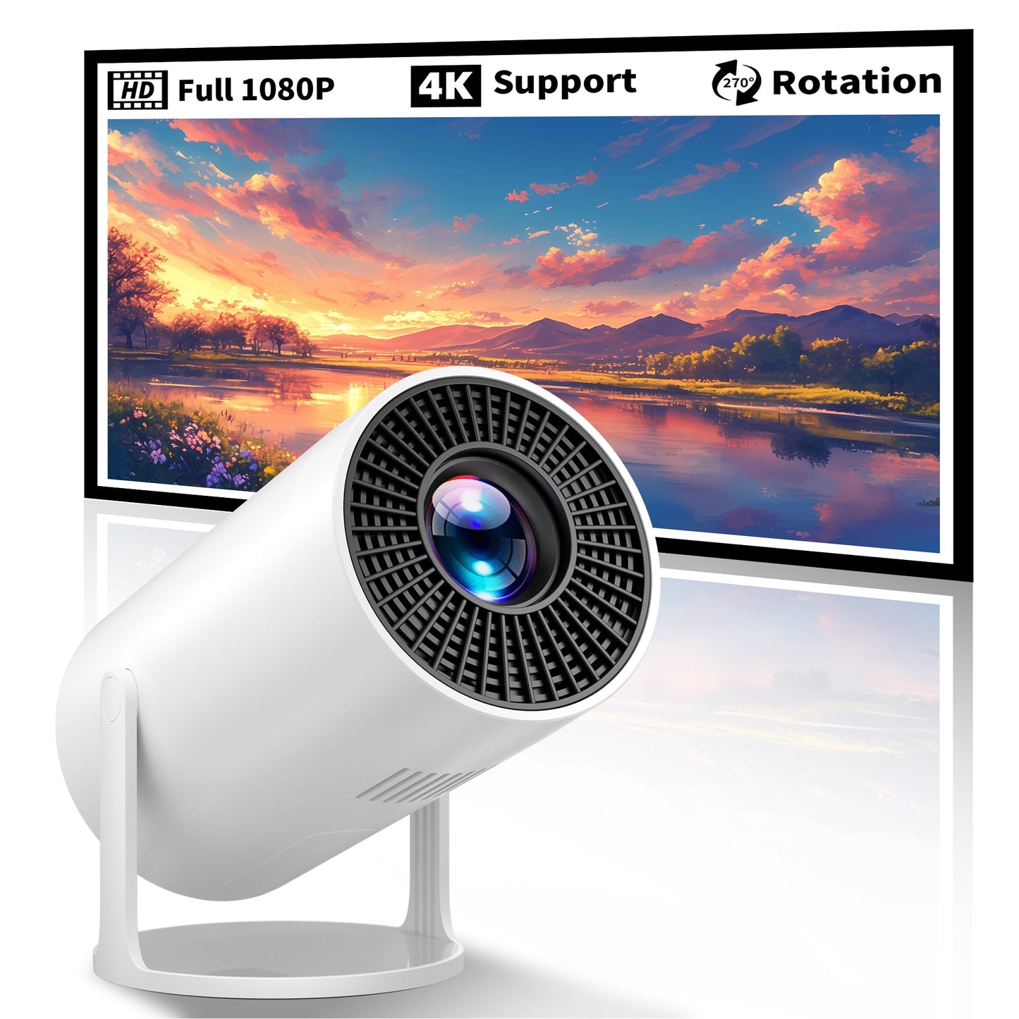 Mini Projector Portable Proyector 4K Support, Native 720P Small Projector with 270 Rotatable Stand, Compatible with TV Stick/Sma