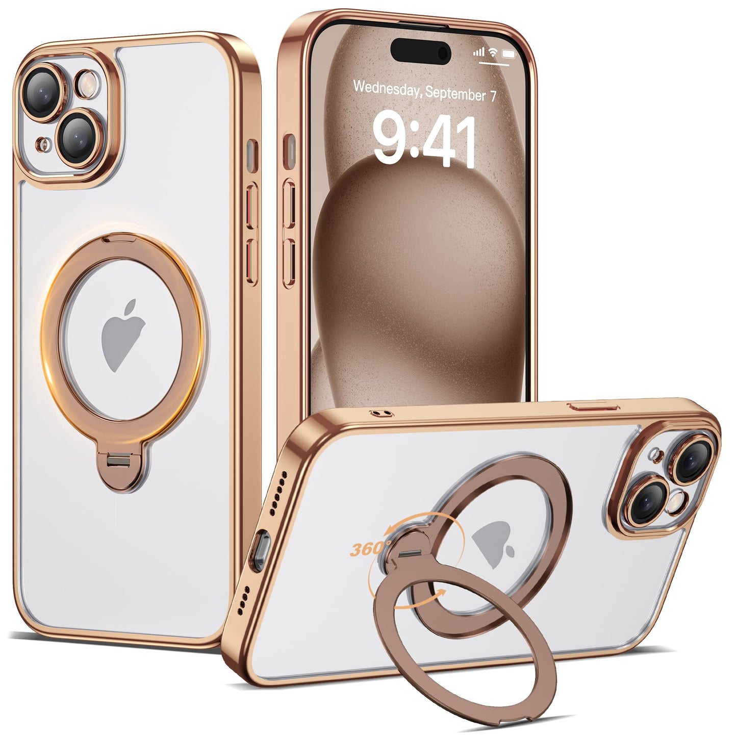AmoraAqua Compatible with iPhone 15 Case with 360 Spin Magnetic Ring Stand [Compatible with Mag-Safe] Full Camera Lens Protector