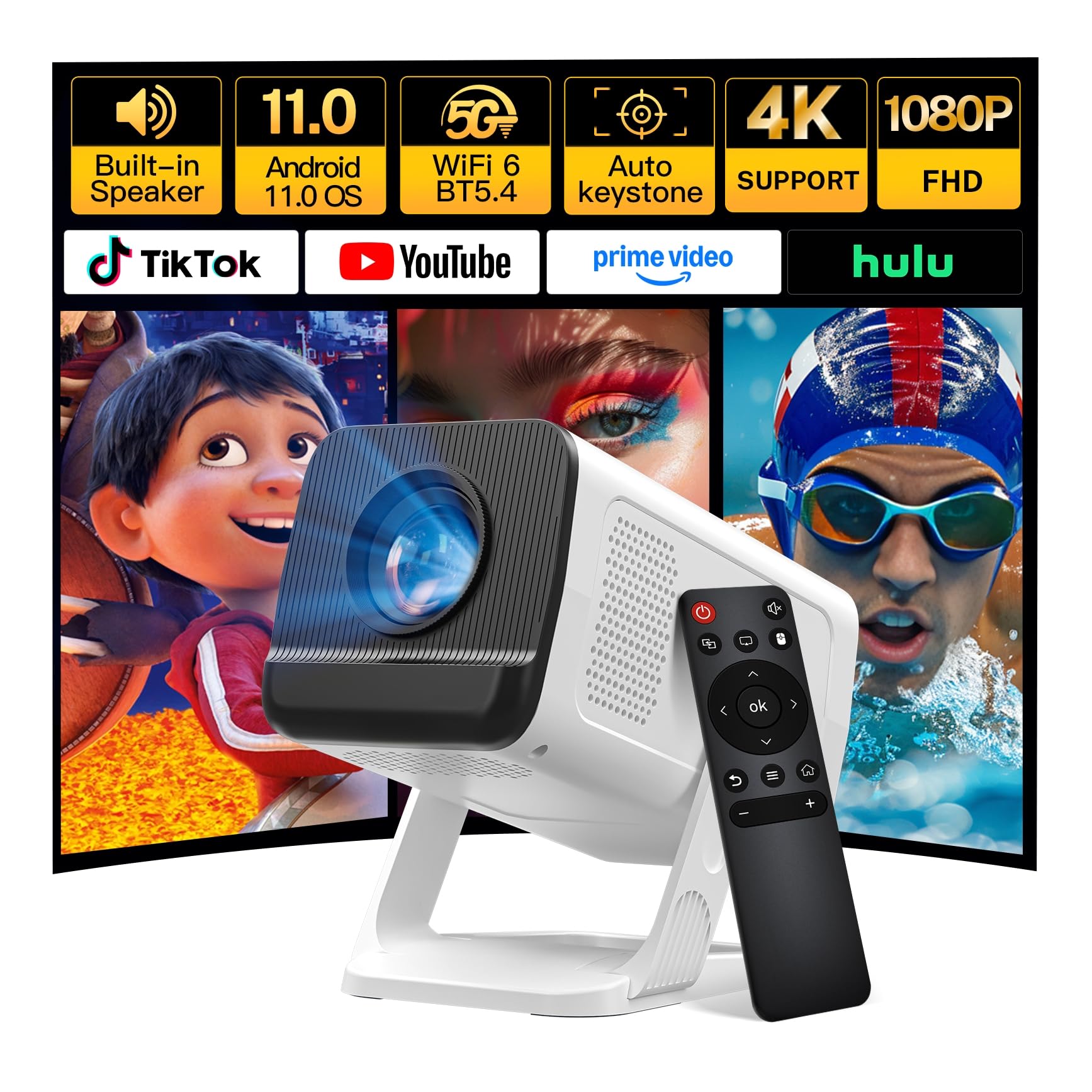 Mini Projector with WiFi 6 and Bluetooth 5.4 Built-in Apps for Bedroom Portable Projector Android 11 Smart Auto Keystone 1080P 4
