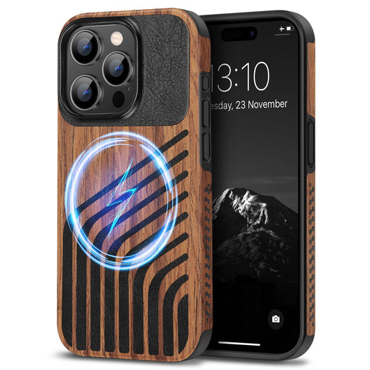 TENDLIN Magnetic Case Compatible with iPhone 15 Pro Max Case Wood Grain with Carbon Fiber Texture Design Leather Hybrid Slim Cov