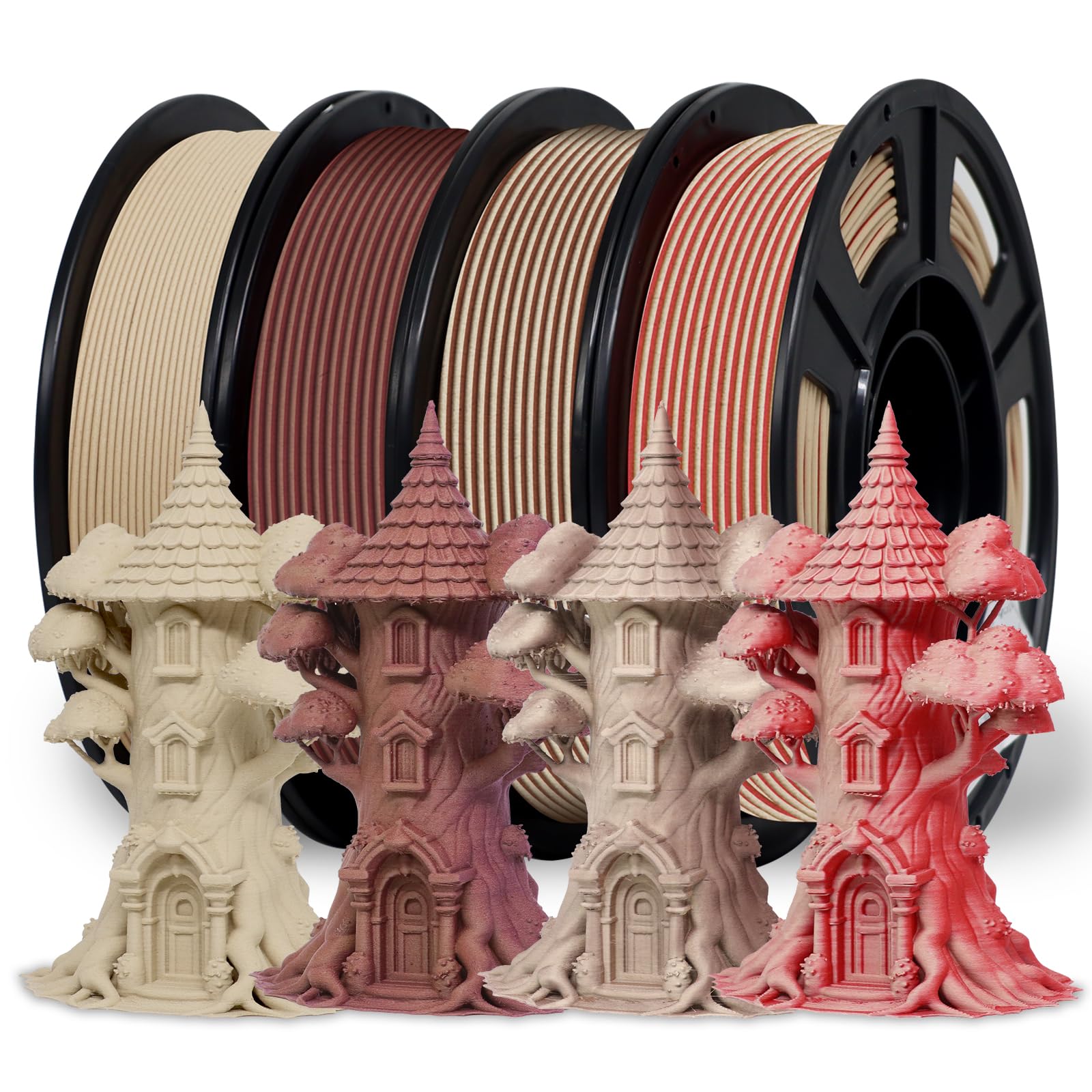 Reprapper Wood PLA Filament Variety Pack - 1.75mm 4 Spool Bundle: Natural, Mahogany, Dark Mahogany & Walnut Real Wood Fiber, Dua