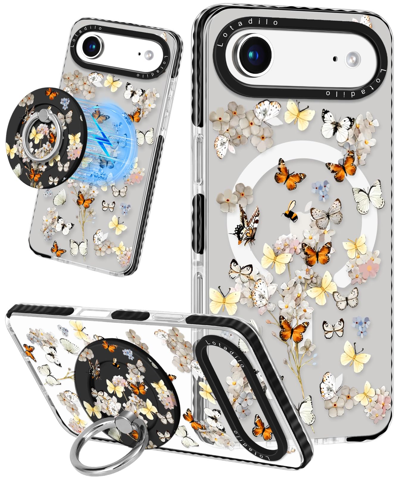 Lotadilo Case for iPhone 17 Air Case Compatible with Magsafe Ring Holder Stand - for Women Butterfly Flower Design TPU Phone Cov
