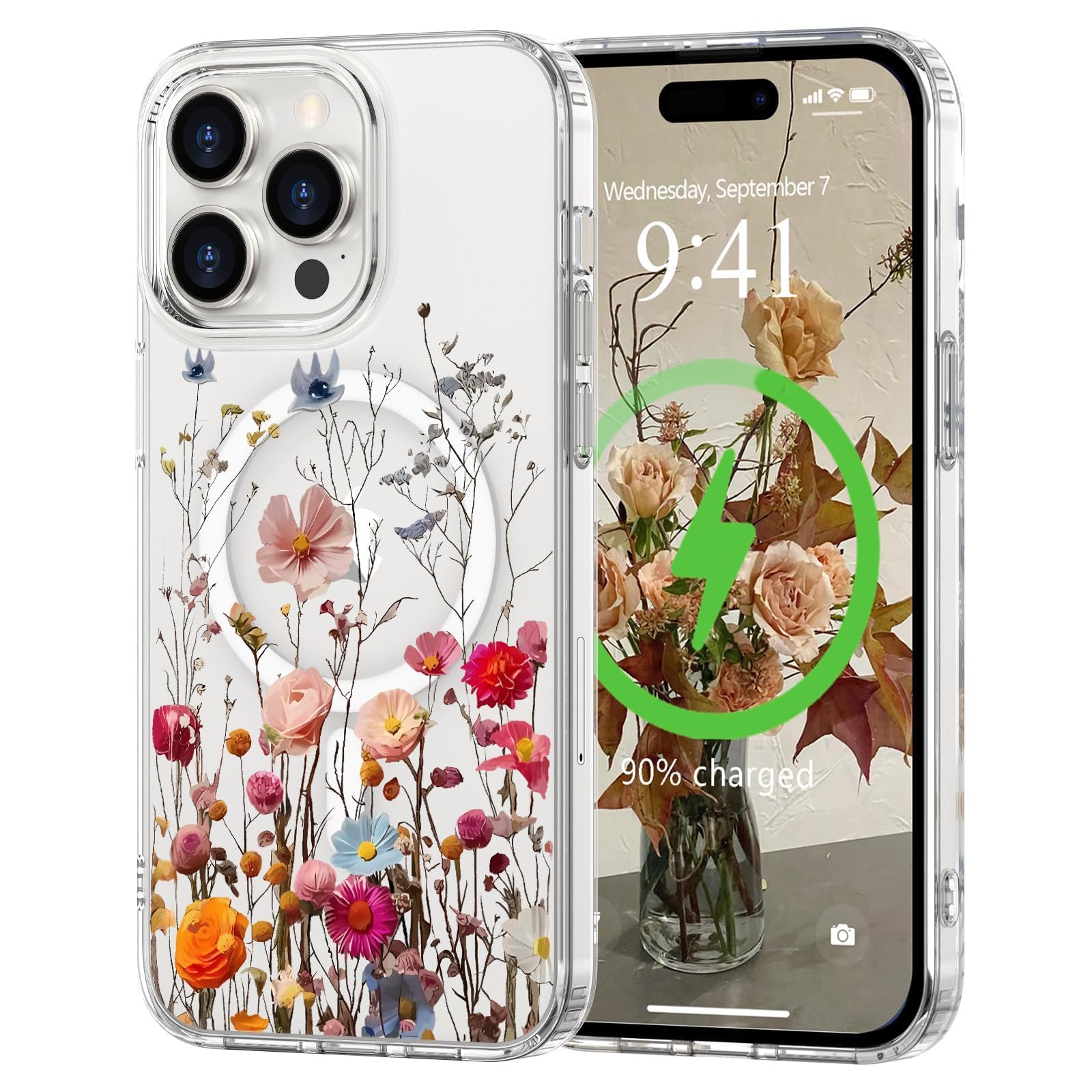 L-FADNUT for iPhone 14 Pro Max Case [Compatible with Magsafe], Cute Flower Girls Women Clear Case Silicone Shockproof Protective