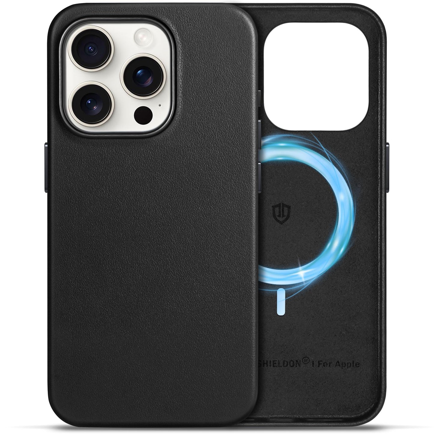 SHIELDON Genuine Leather Case for iPhone 15 Pro 6.1, Magnetic Wireless Charging - Slim Fit - Non-Slip - Metal Buttons - Shockpro