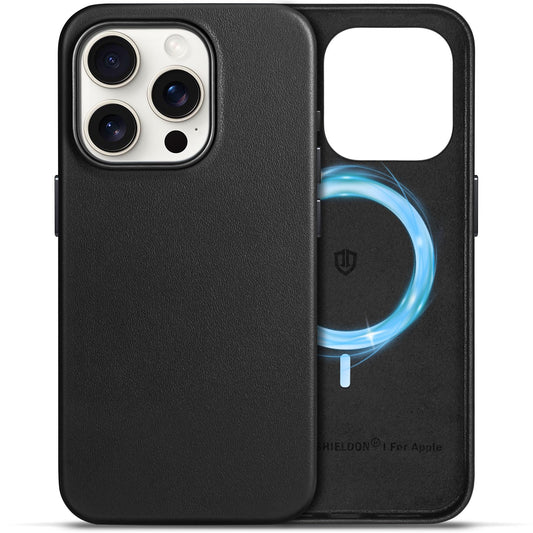 SHIELDON Genuine Leather Case for iPhone 15 Pro 6.1, Magnetic Wireless Charging - Slim Fit - Non-Slip - Metal Buttons - Shockpro