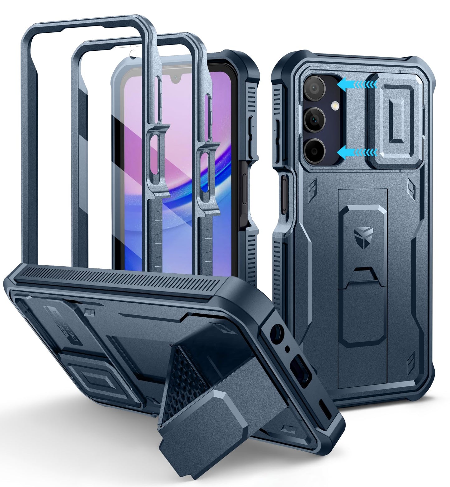 Dexnor for Samsung Galaxy A15-5G Phone Case, [2 Front Frame] [Built-in Slide Camera Cover & Kickstand] Heavy Duty Military Grade