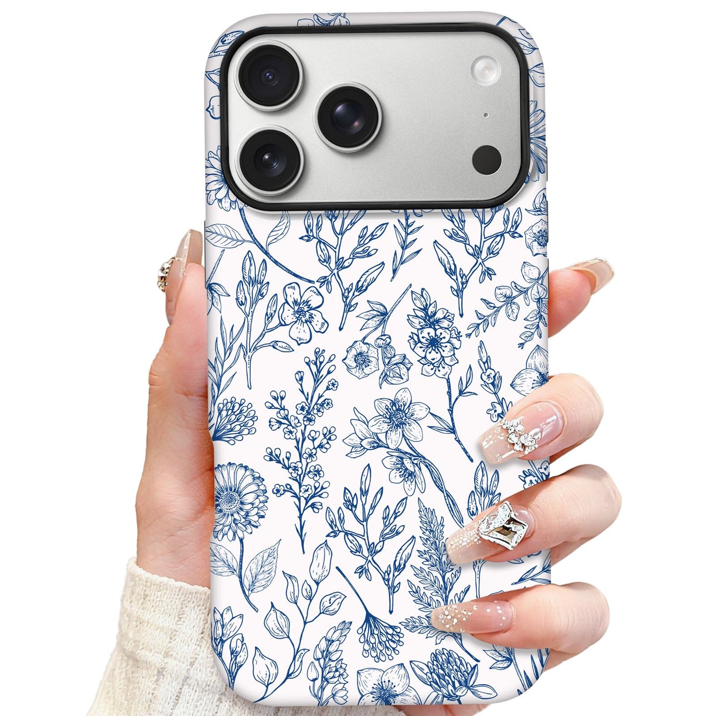SOKAD Magnetic Sage Floral Phone Case for iPhone 17 Pro, Vintage Blue Flower Pattern Compatible with Magsafe Matte Protective Ca