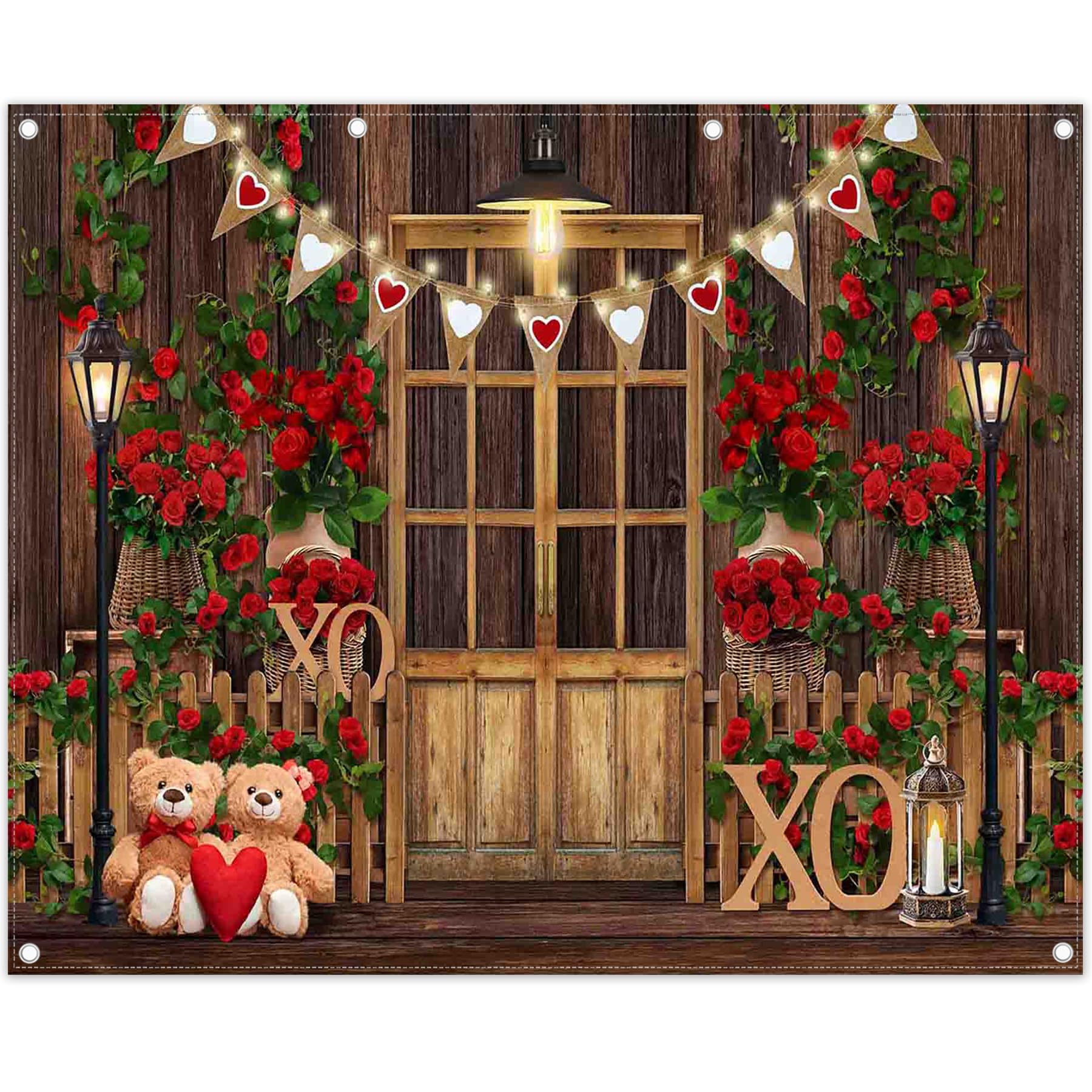 YCUCUEI 10x8ft Fabric Valentines Polyester Photography Backdrop Barn Door Red Rose Wooden Background Heart Bear Love Romance Pa