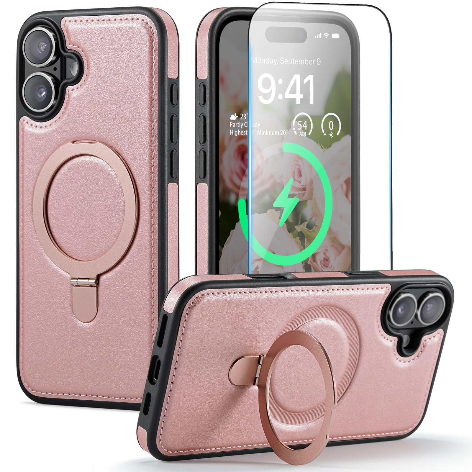 CHEEWADA for iPhone 16 Plus Case with Stand Compatible with Magsafe Slim PU Leather Rubber TPU Drop Proof Magnetic Kickstand Pro