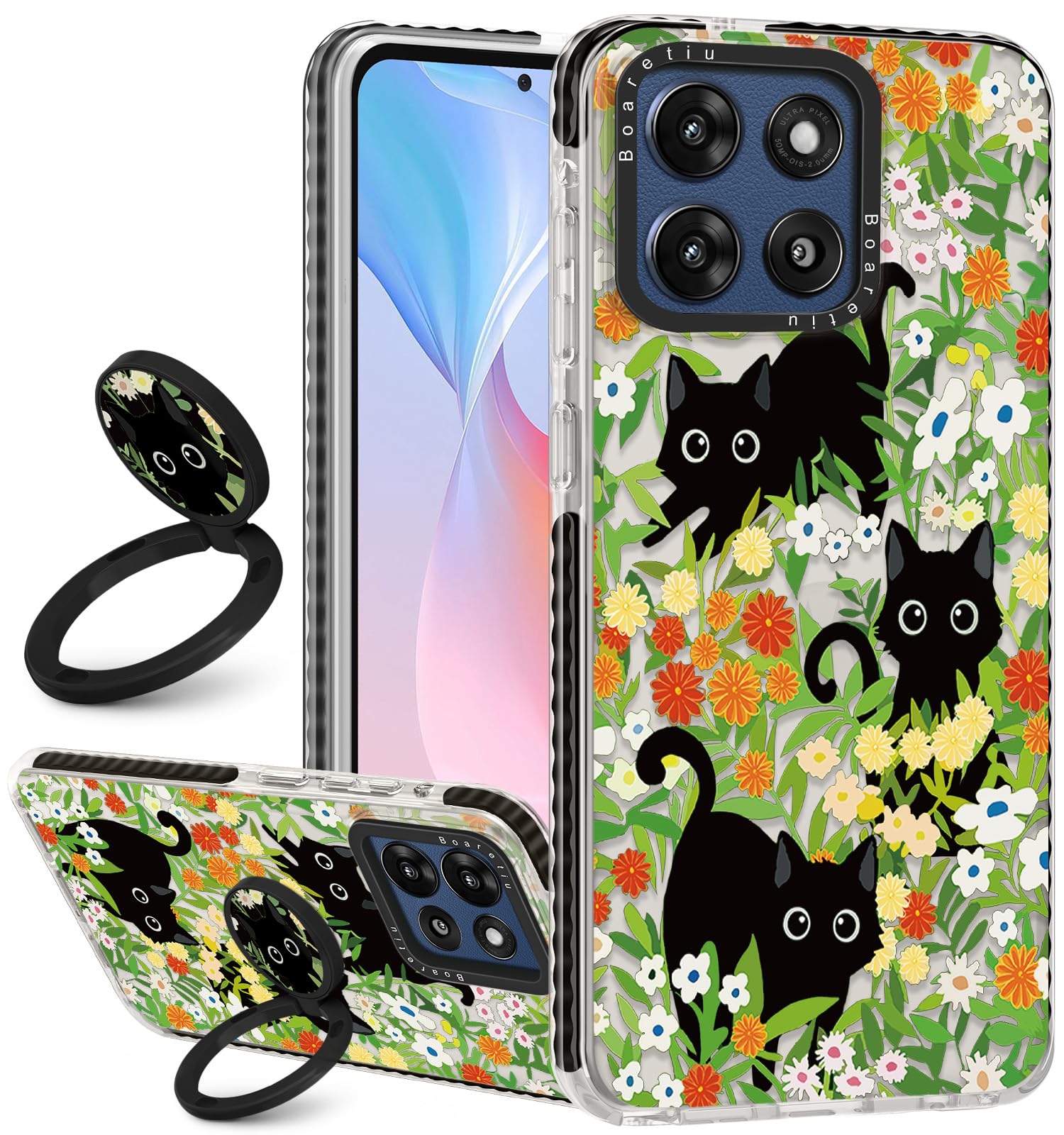 Boaretiu for Motorola Moto G Stylus 2025 Case - with Stand Cute Kawaii Fashion 360 Rotate Ring Holder Kickstand Cat Flower for W