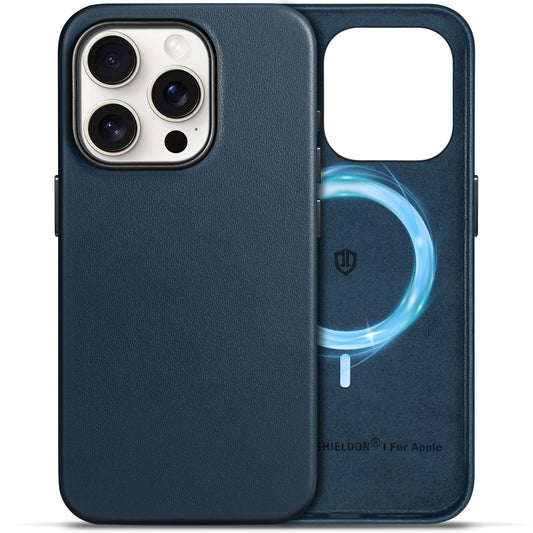 SHIELDON Case for iPhone 15 Pro 6.1, Genuine Leather - Magnetic Wireless Charging - Slim Fit - Non-Slip - Metal Button - Shock-A