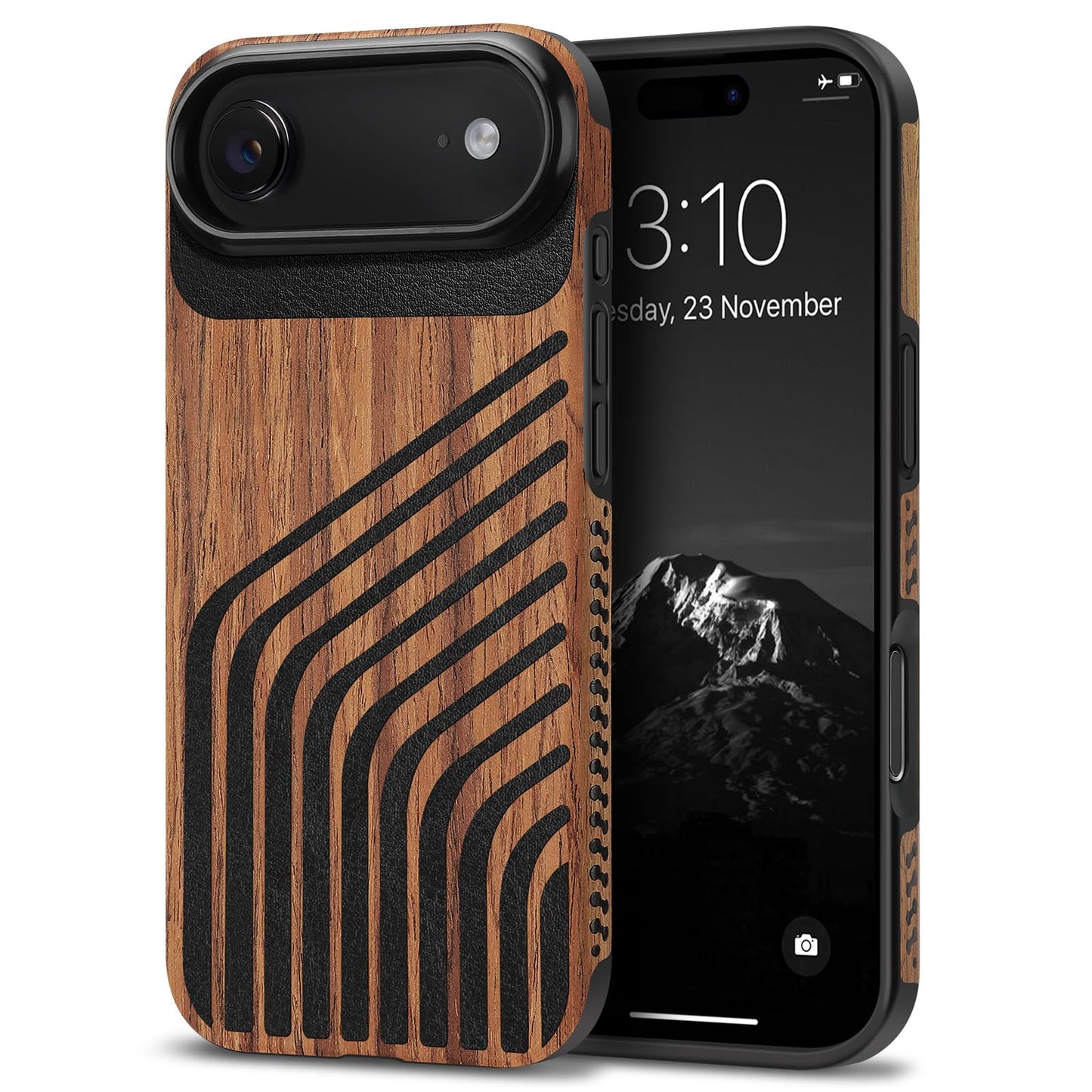 TENDLIN Compatible with iPhone Air Case Wood Grain with Carbon Fiber Texture Design Leather Hybrid Slim Case (Hairline)