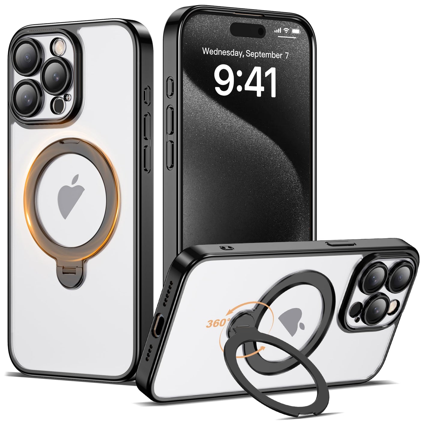 AmoraAqua Compatible with iPhone 15 Pro Case with 360 Rotatable Magnetic Ring Stand [Compatible with Mag-Safe] Camera Lens Prote