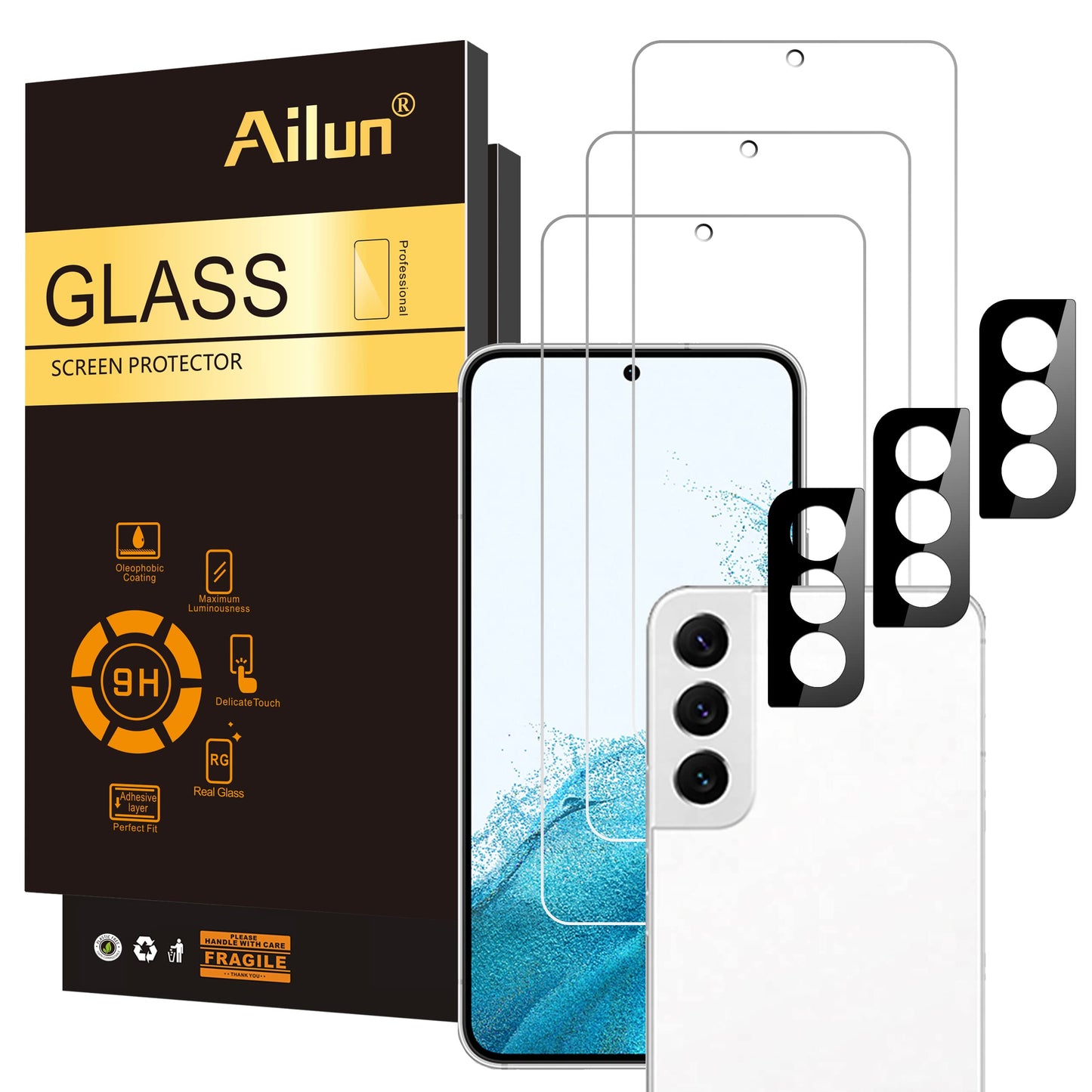 Ailun Tempered Glass Screen Protector for Galaxy S22 - 3 Pack, Clear, Fingerprint Compatible, Includes 3 Camera Lens Protectors