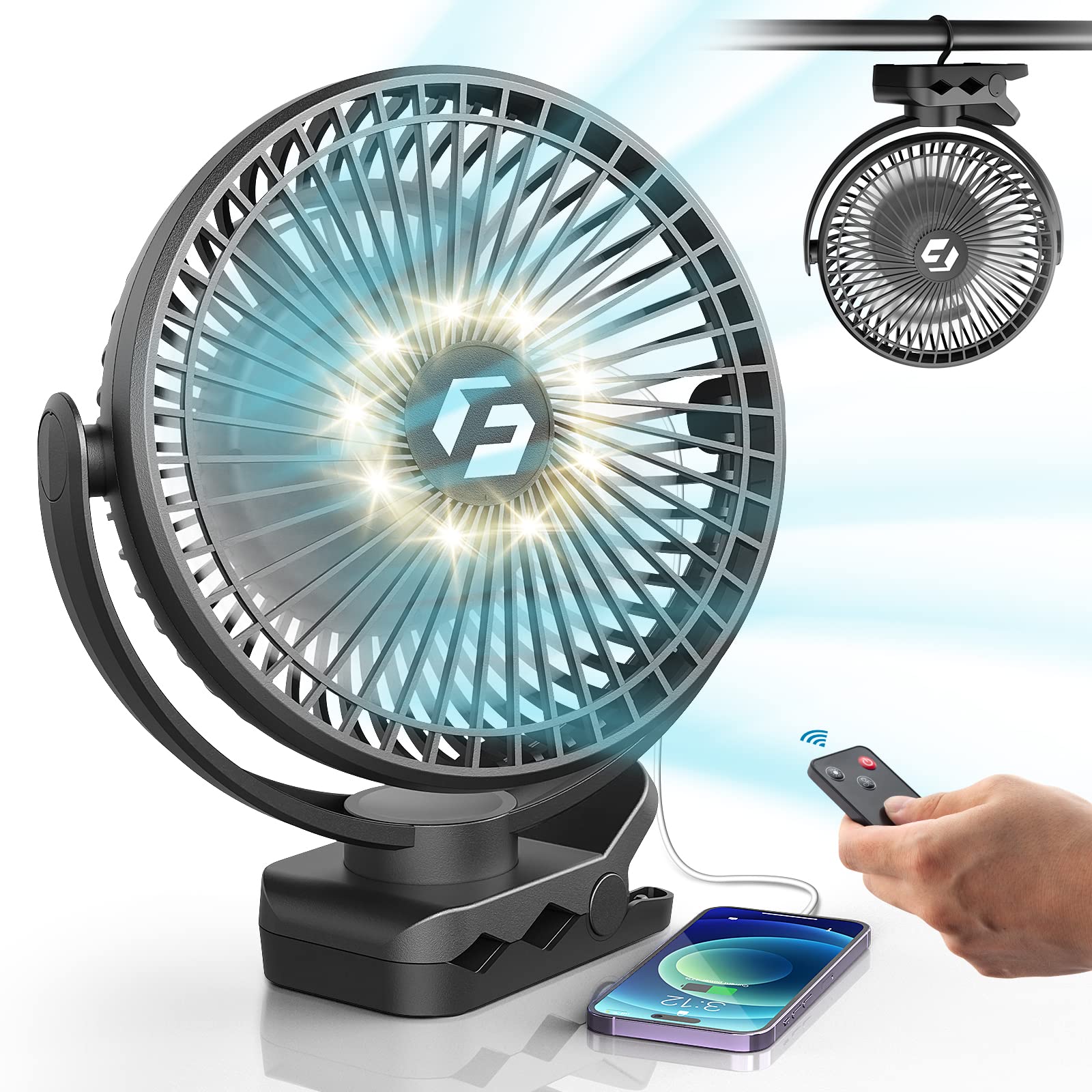 Korbot 8-inch Clip-on Fan - 12000mAh Portable Rechargeable Battery With 3 Speeds and Strong Airflow, USB Small Desk Personal Qui