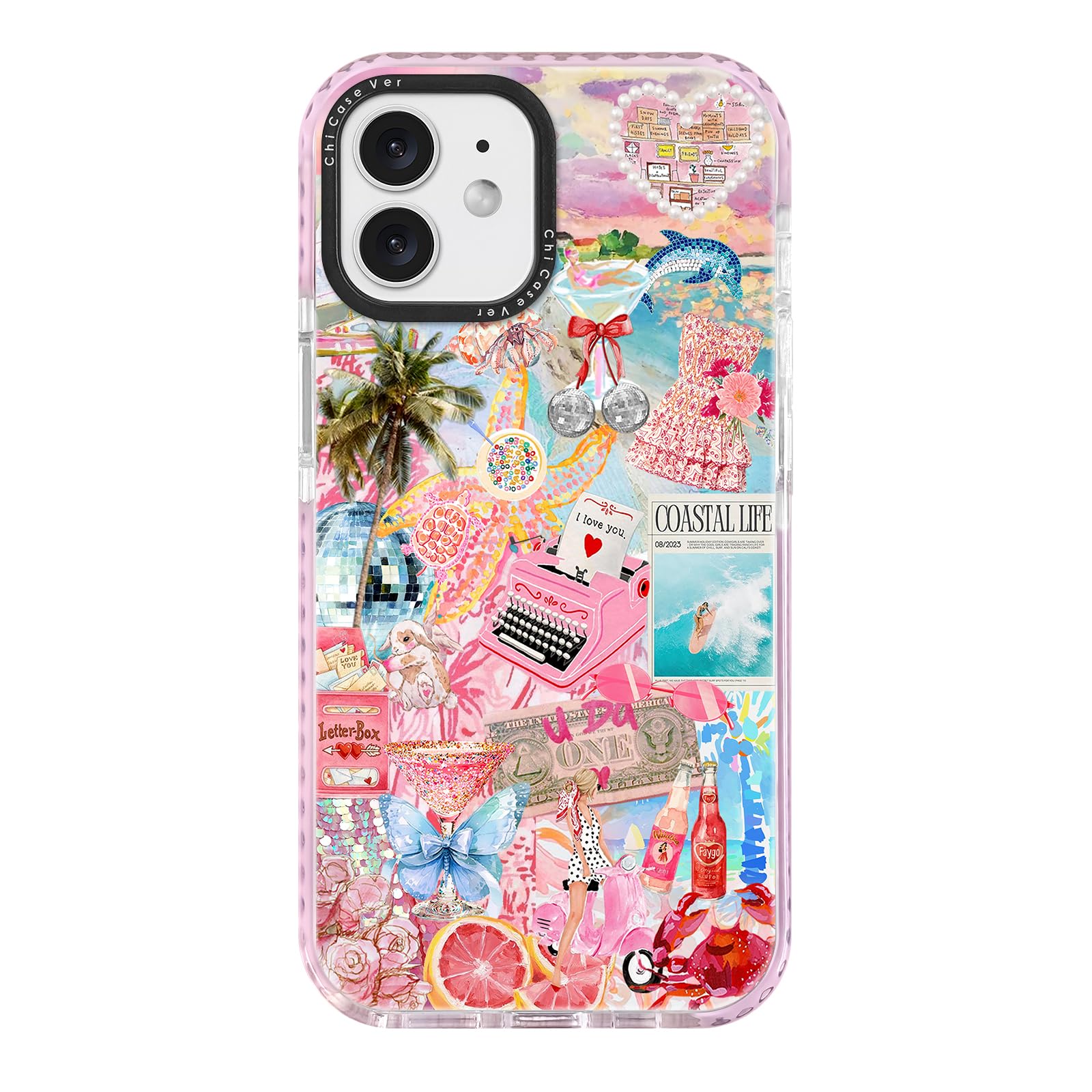 ChiCaseVer for iPhone 12 mini Case, Coastal Life Pattern with Tropical Collage, Military-Grade Drop Protection, Pink Paradise So