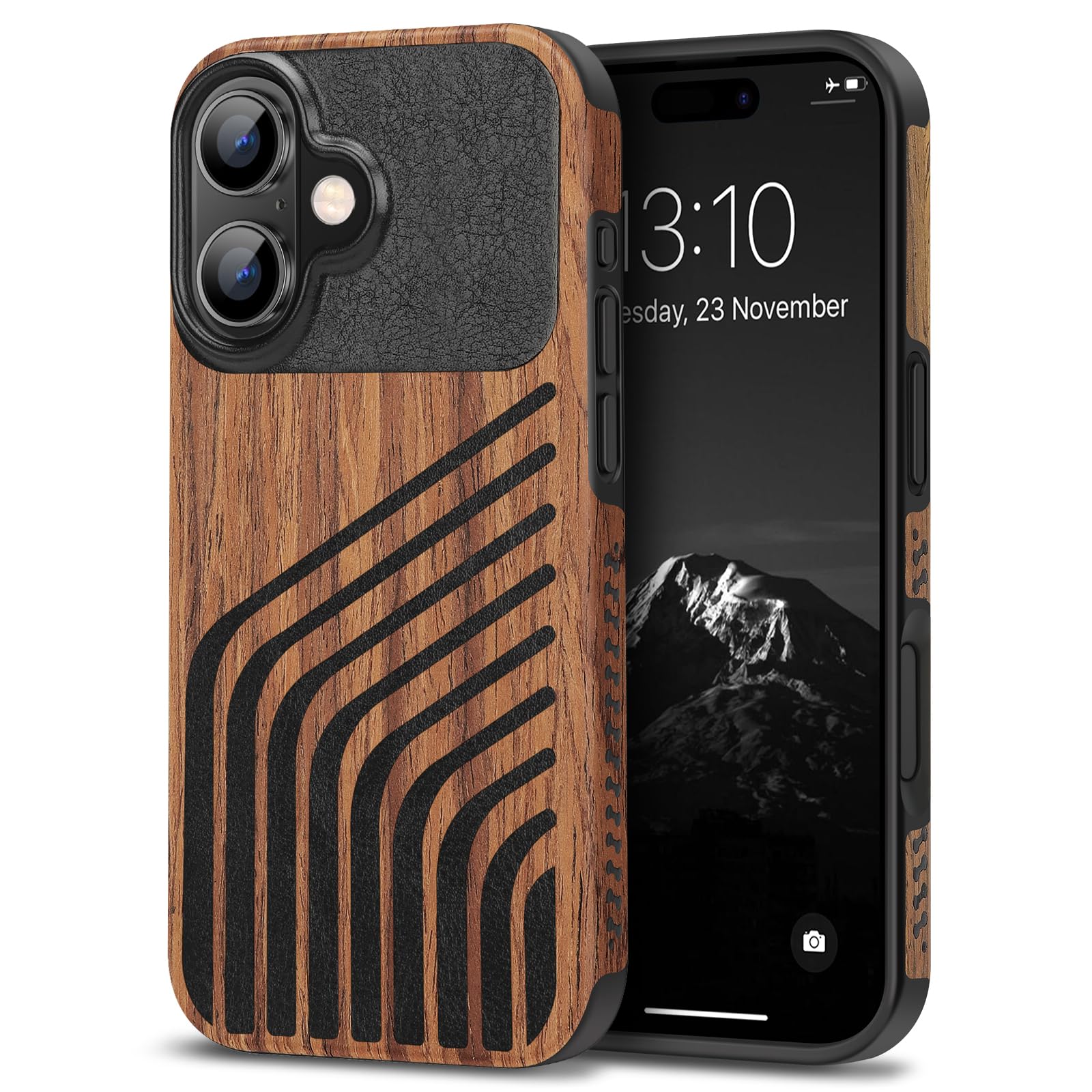 TENDLIN Compatible with iPhone 16 Plus Phone Case Wood Grain with Carbon Fiber Texture Design Leather Hybrid Slim Case (Hairline