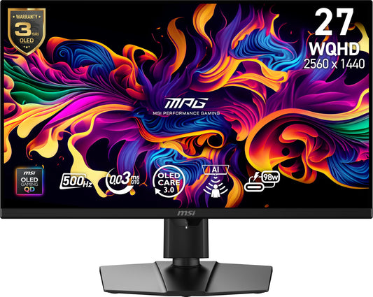 msi MPG 271QR QD-OLED X50 27-inch 2560 x 1440 (QHD) Gaming Monitor, 500Hz, AMD Adaptive-Sync, HDR Ready, HDMI, VGA Port, VESA Mo