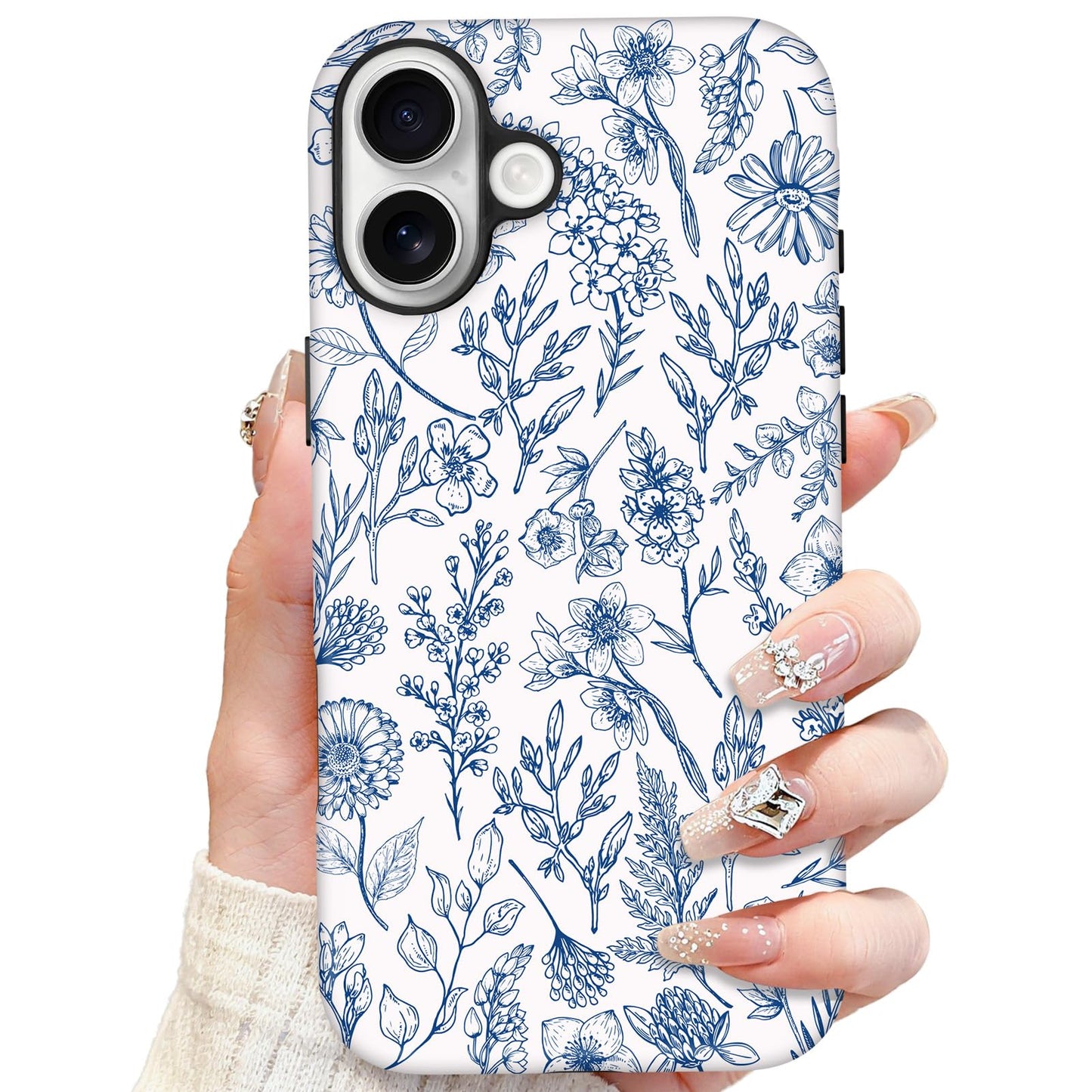 SOKAD Magnetic Sage Floral Phone Case for iPhone 17, Vintage Blue Flower Pattern Compatible with Magsafe Matte Protective Case C