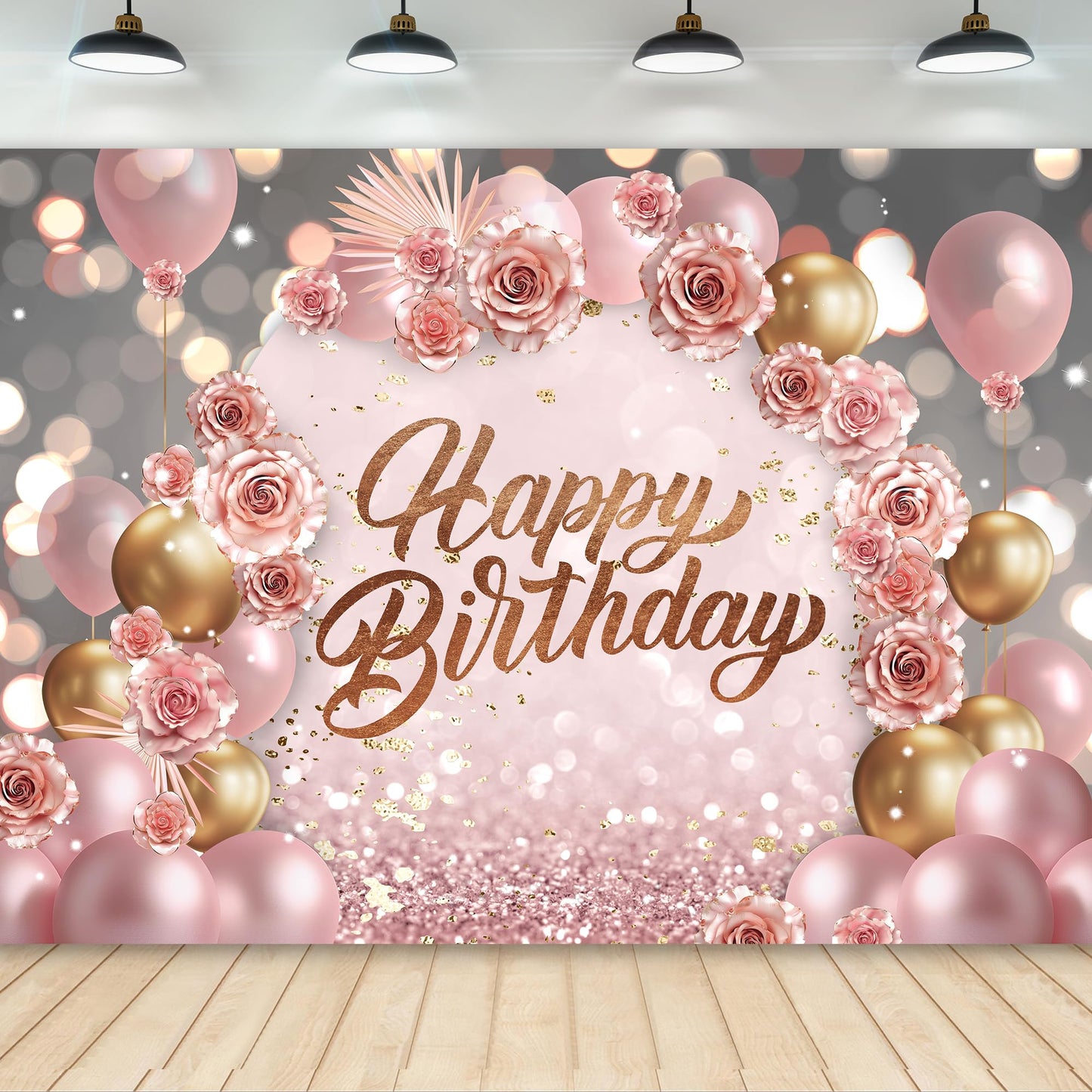 Newsely Rose Gold Happy Birthday Backdrop 7Wx5H Photography for Girls Women Pink Floral Flower Balloons Arch Modern Elegant Back