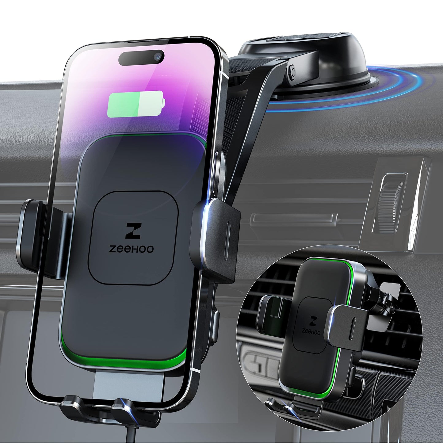 ZEEHOO Wireless Car Charger, DUOXX-X3 Fast Charging Auto-Clamping Holder, Black, Compatible with iPhone 15/14/13/12, S23 Ultra, Z Flip