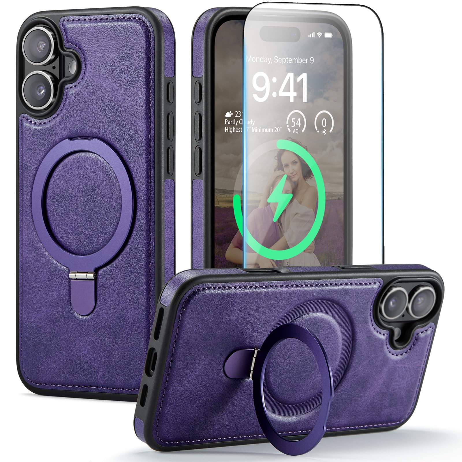 CHEEWADA for iPhone 16 Plus Case with Stand Compatible with Magsafe Slim PU Leather & Rubber TPU Drop Proof Magnetic Kickstand P